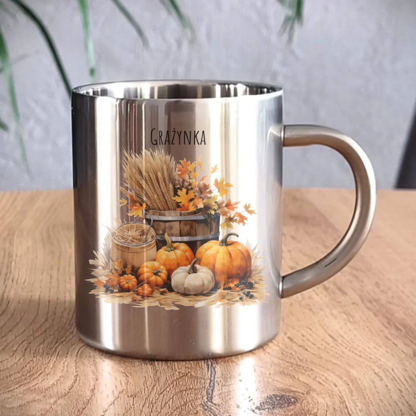 Kubek metalowy na jesień - Harvest vibes - personalizowany JS09 - StoryCups.pl