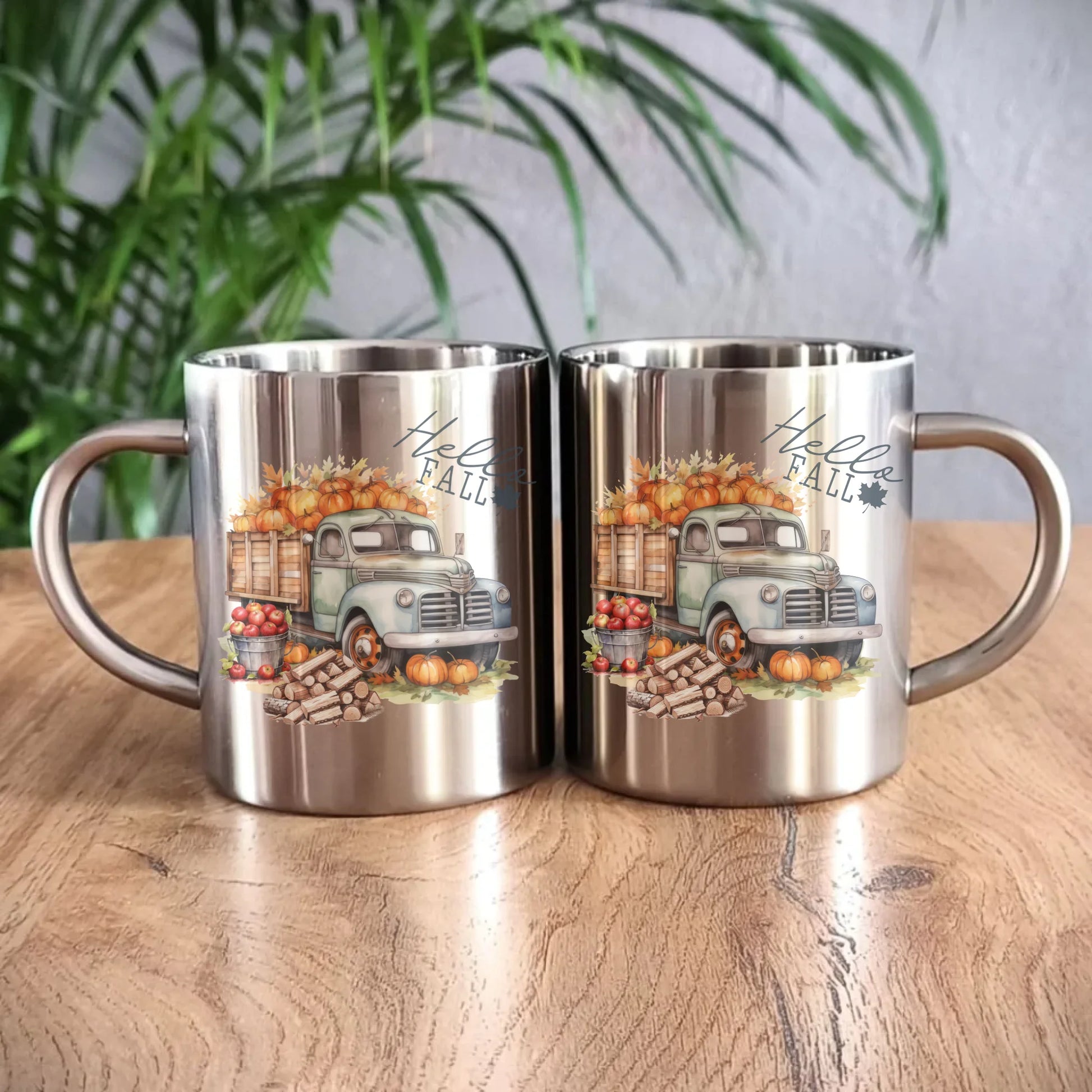 Kubek metalowy jesienny – Hello Fall ciężarówka z dyniami JS08 - StoryCups.pl