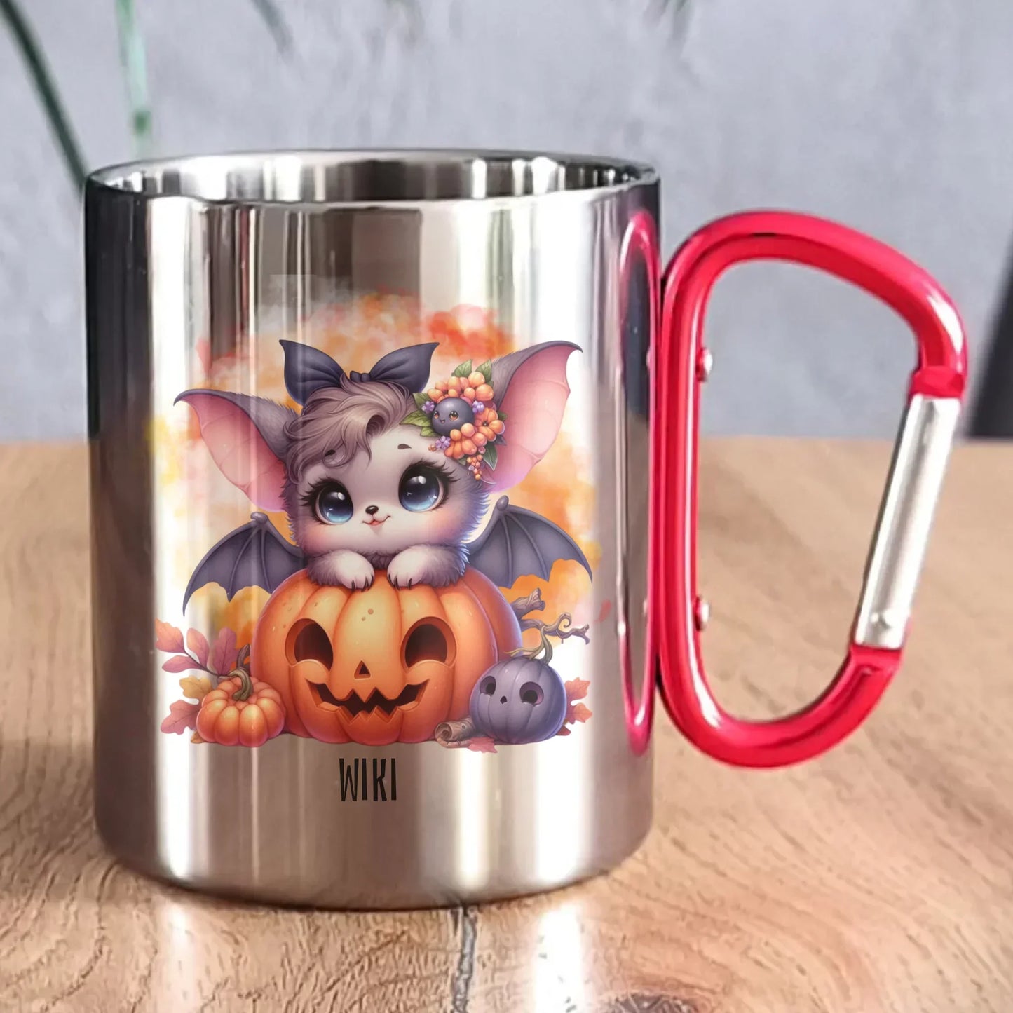 Słodki nietoperz z dynią | Personalizowany kubek metalowy HL08 - StoryCups.pl