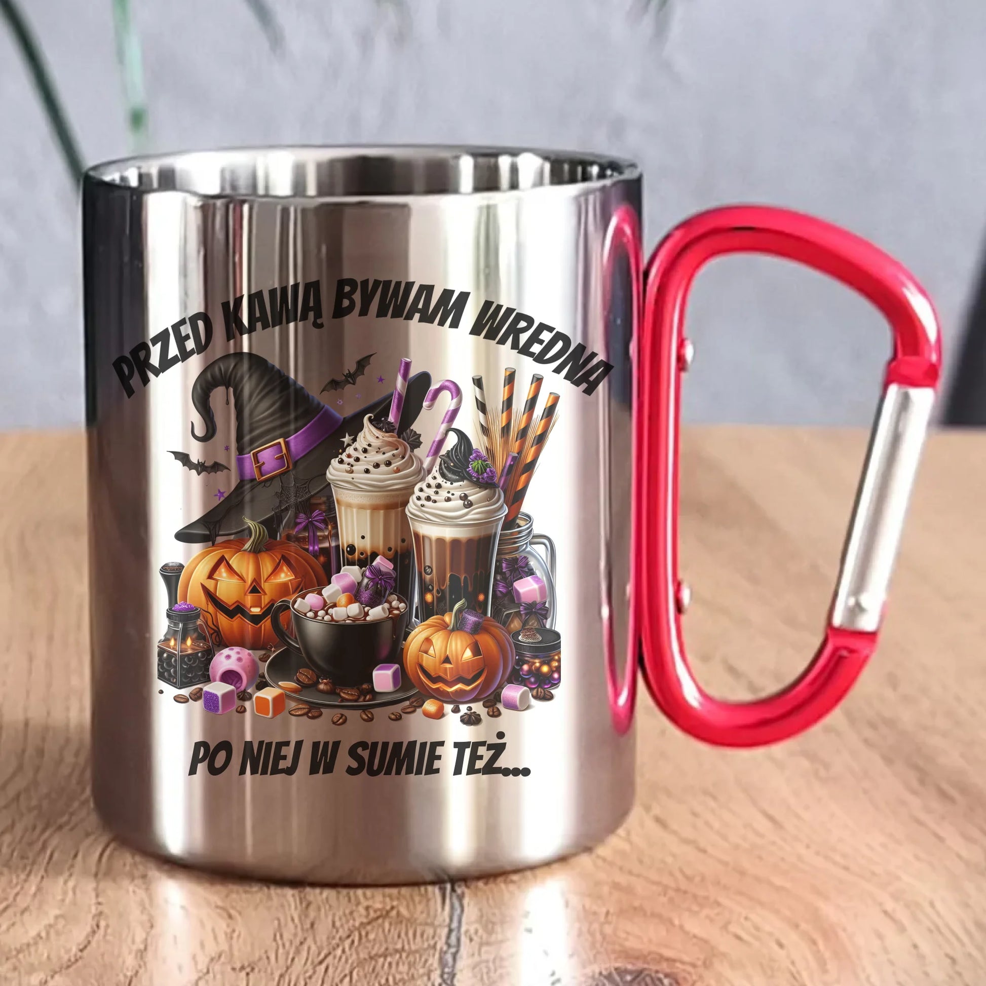 Kubek metalowy Halloween – Przed kawą bywam wredna, po niej w sumie też HL30 - StoryCups.pl