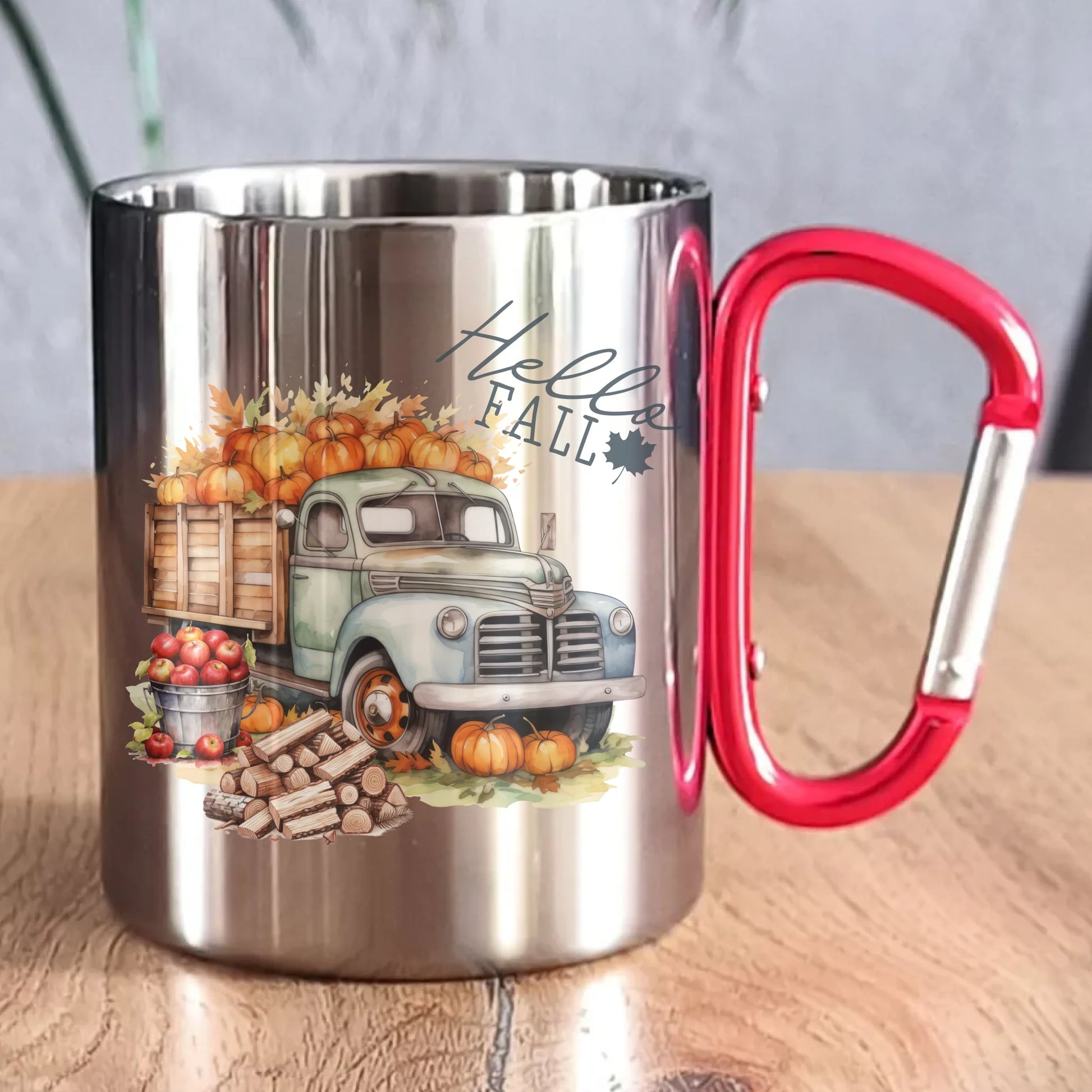 Kubek metalowy jesienny – Hello Fall ciężarówka z dyniami JS08 - StoryCups.pl