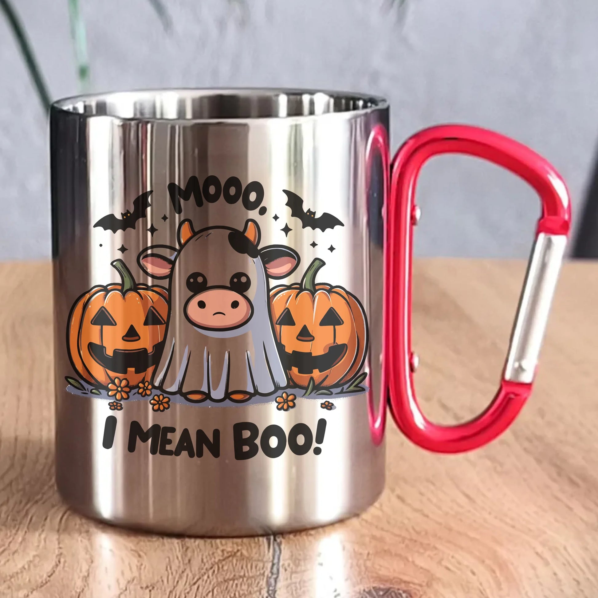 Kubek metalowy na Halloween - Mooo I mean Boo! - z dynią i duchem HL14 - StoryCups.pl