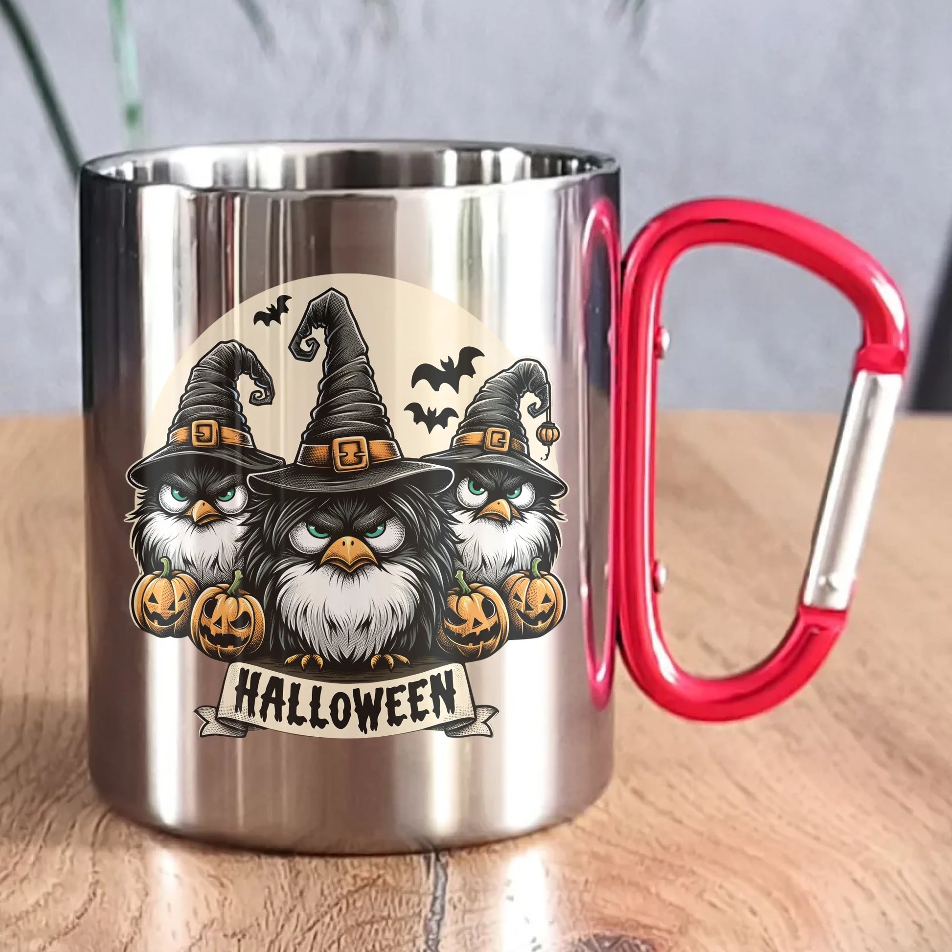 Kubek metalowy na Halloween - Upiorne sowy wiedźmy HL15 - StoryCups.pl