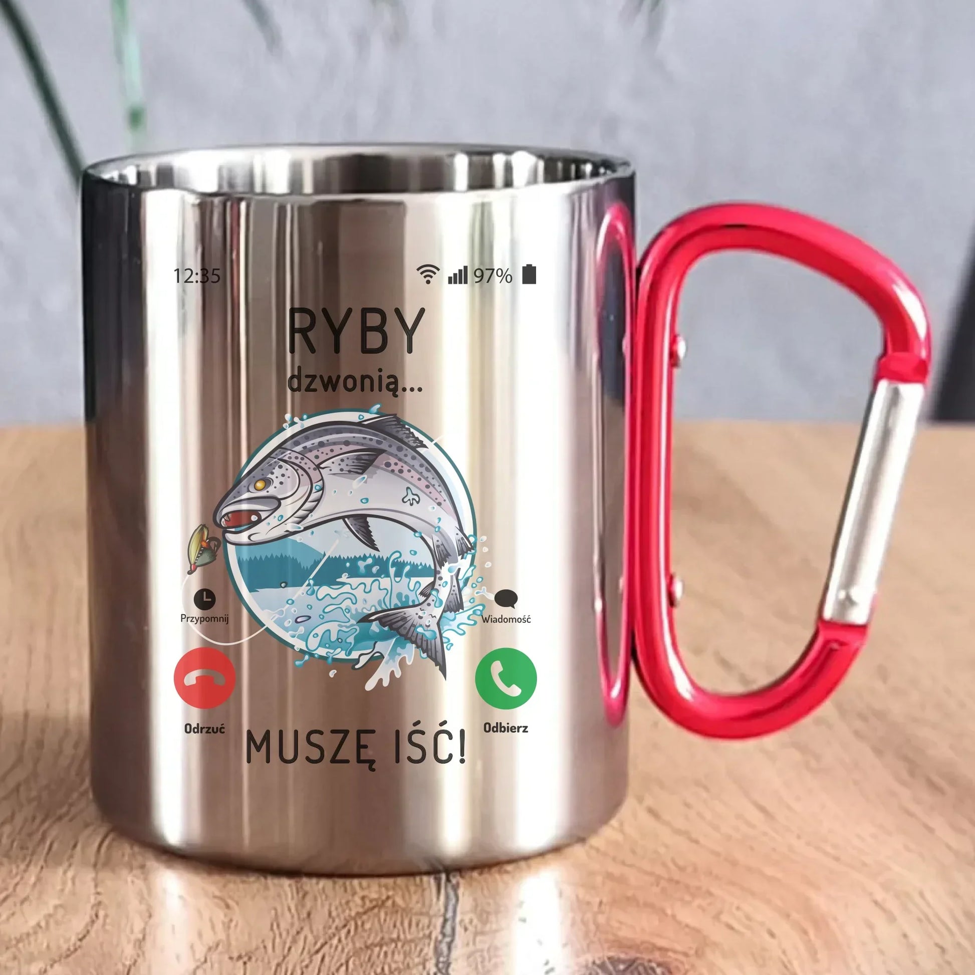 Ryby dzwonią muszę iść | Kubek metalowy dla wędkarza D37 - StoryCups.pl