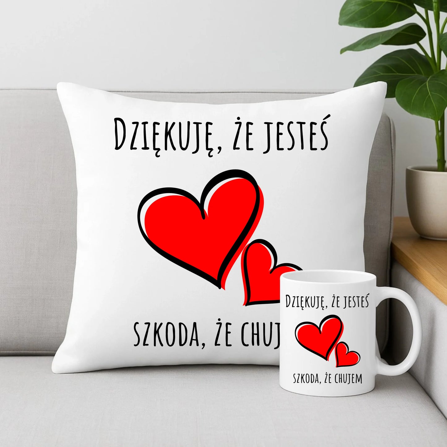 Zestaw poduszka i kubek - Dziękuję, że jesteś szkoda, że ch#jem - bez cenzury DCH10 - StoryCups.pl