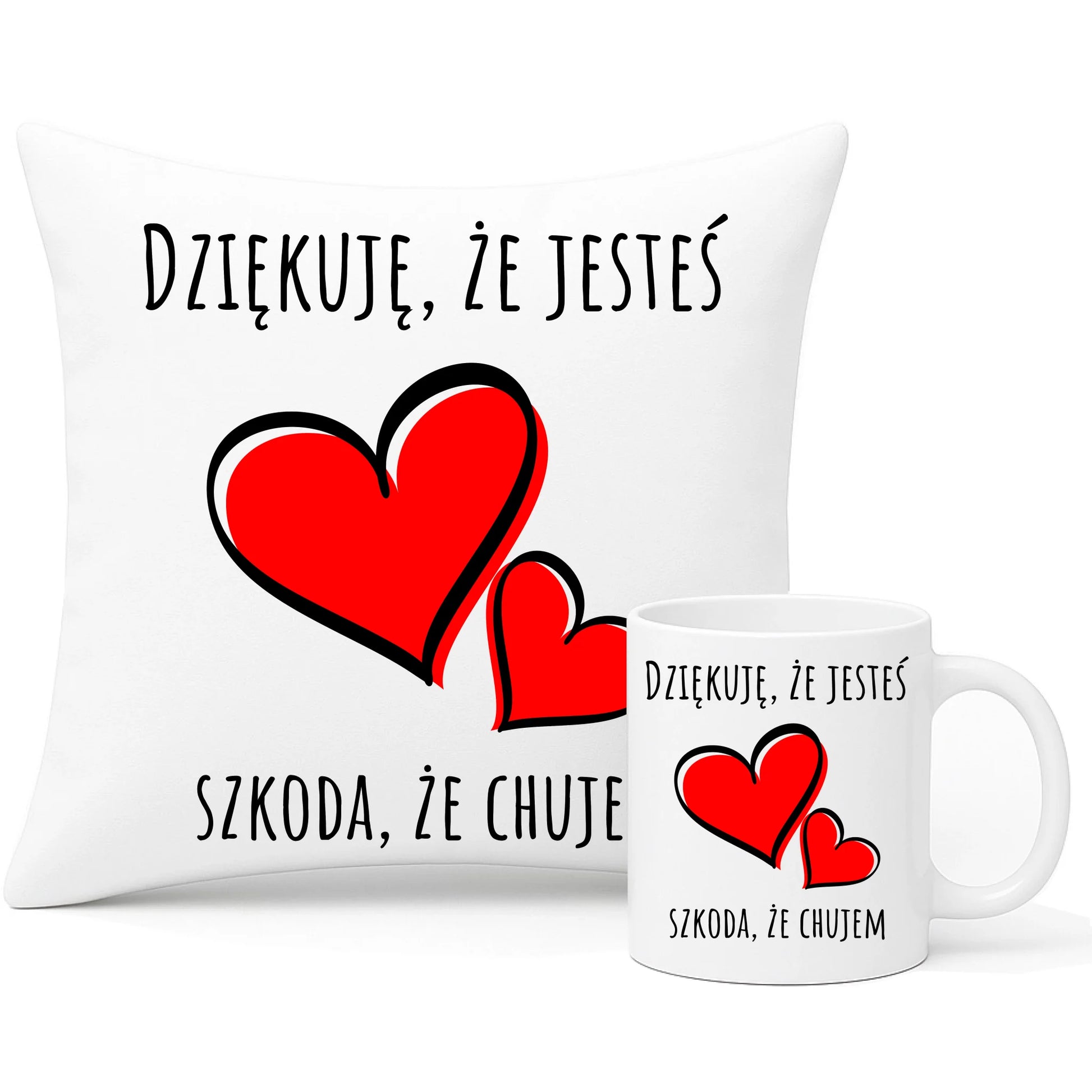Zestaw poduszka i kubek - Dziękuję, że jesteś szkoda, że ch#jem - bez cenzury DCH10 - StoryCups.pl