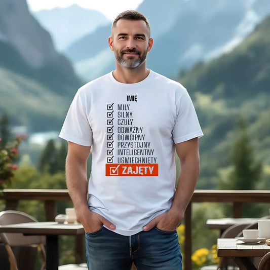 Koszulka męska - Zajęty prezent dla chłopaka męża narzeczonego - biała personalizowana DCH05
