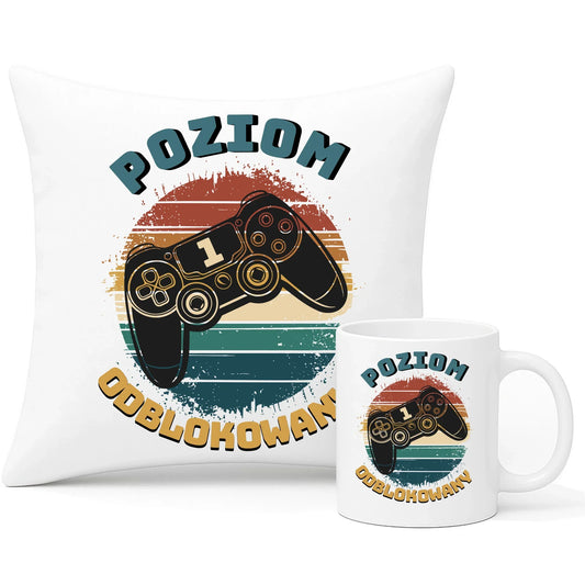 Zestaw poduszka i kubek - Poziom odblokowany - gamer do szkoły - personalizowany SZ01
