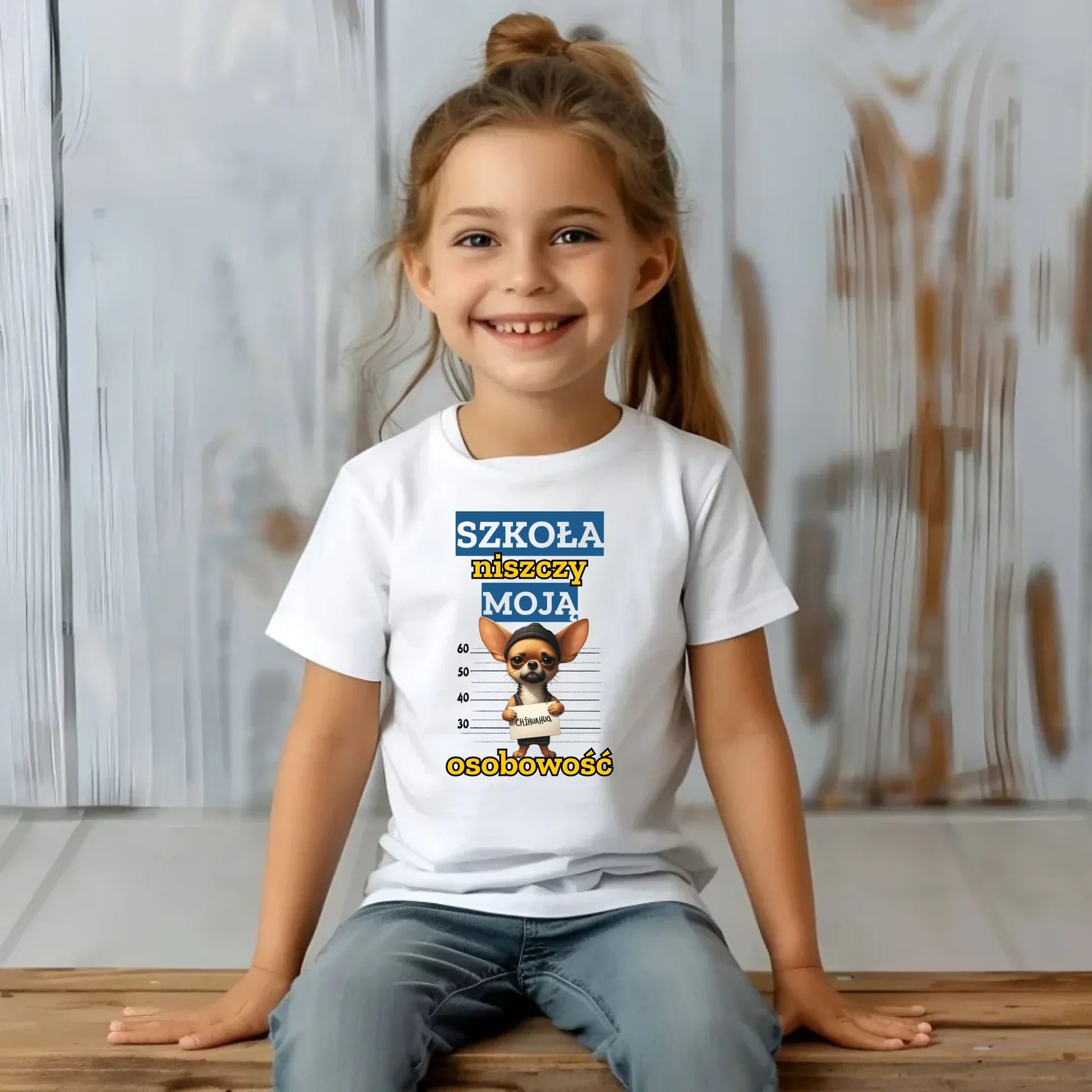 Koszulka dziecięca szkolna - Szkoła niszczy moją osobowość - Chihuahua SZ19 - StoryCups.pl