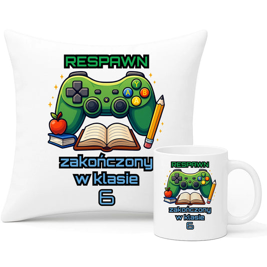Zestaw poduszka i kubek szkolny - Respawn - gamer do szkoły - personalizowany SZ18