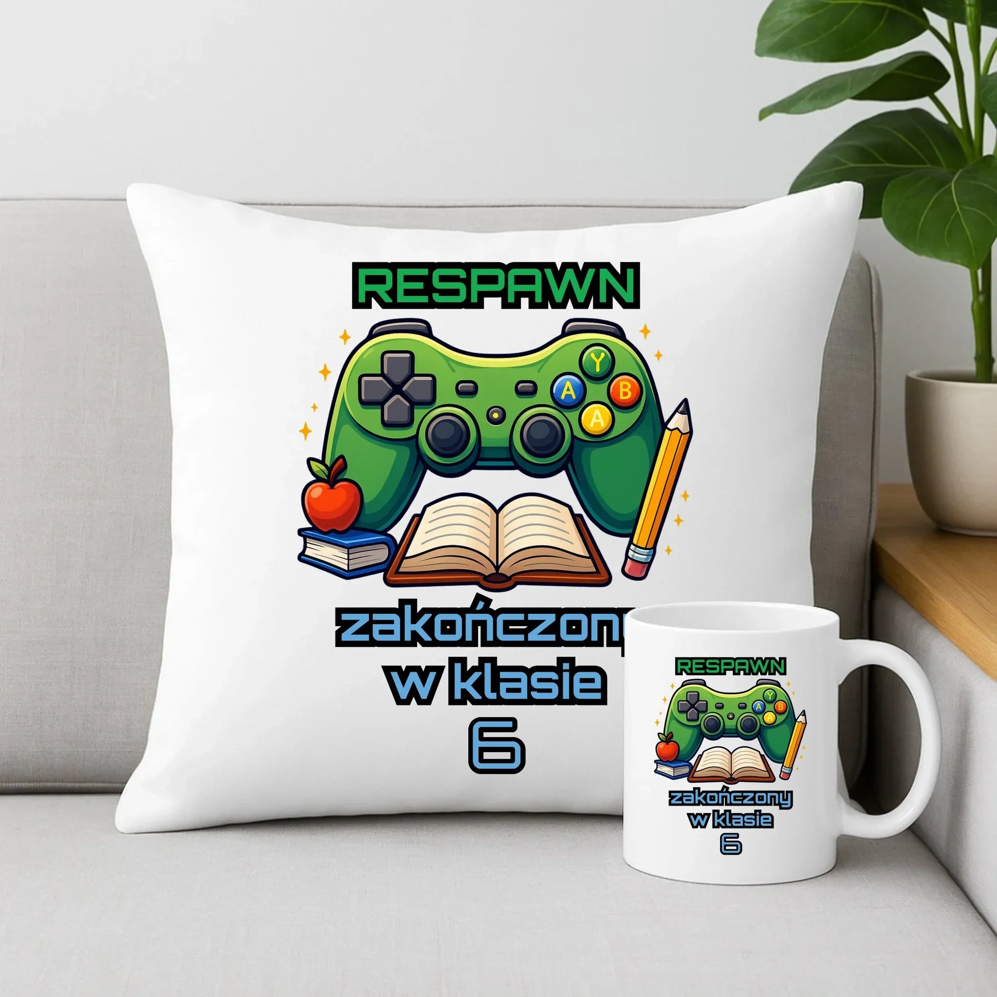 Zestaw poduszka i kubek szkolny - Respawn - gamer do szkoły - personalizowany SZ18 - StoryCups.pl