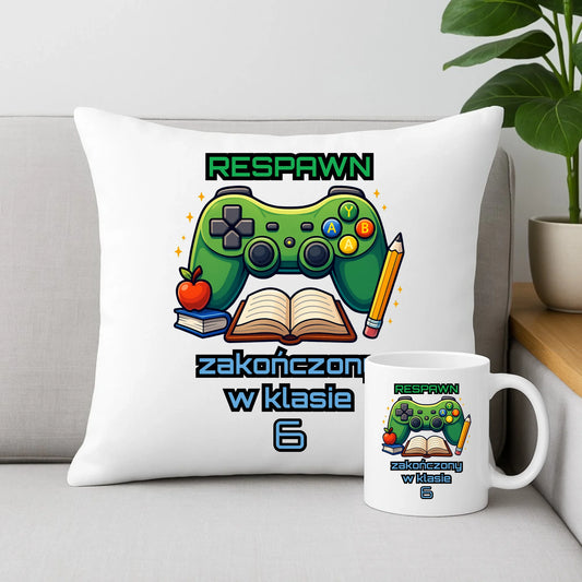 Zestaw poduszka i kubek szkolny - Respawn - gamer do szkoły - personalizowany SZ18