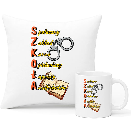 Zestaw poduszka i kubek szkolny - S.Z.K.O.Ł.A. Zakład Karno Opiekuńczy SZ17 - StoryCups.pl