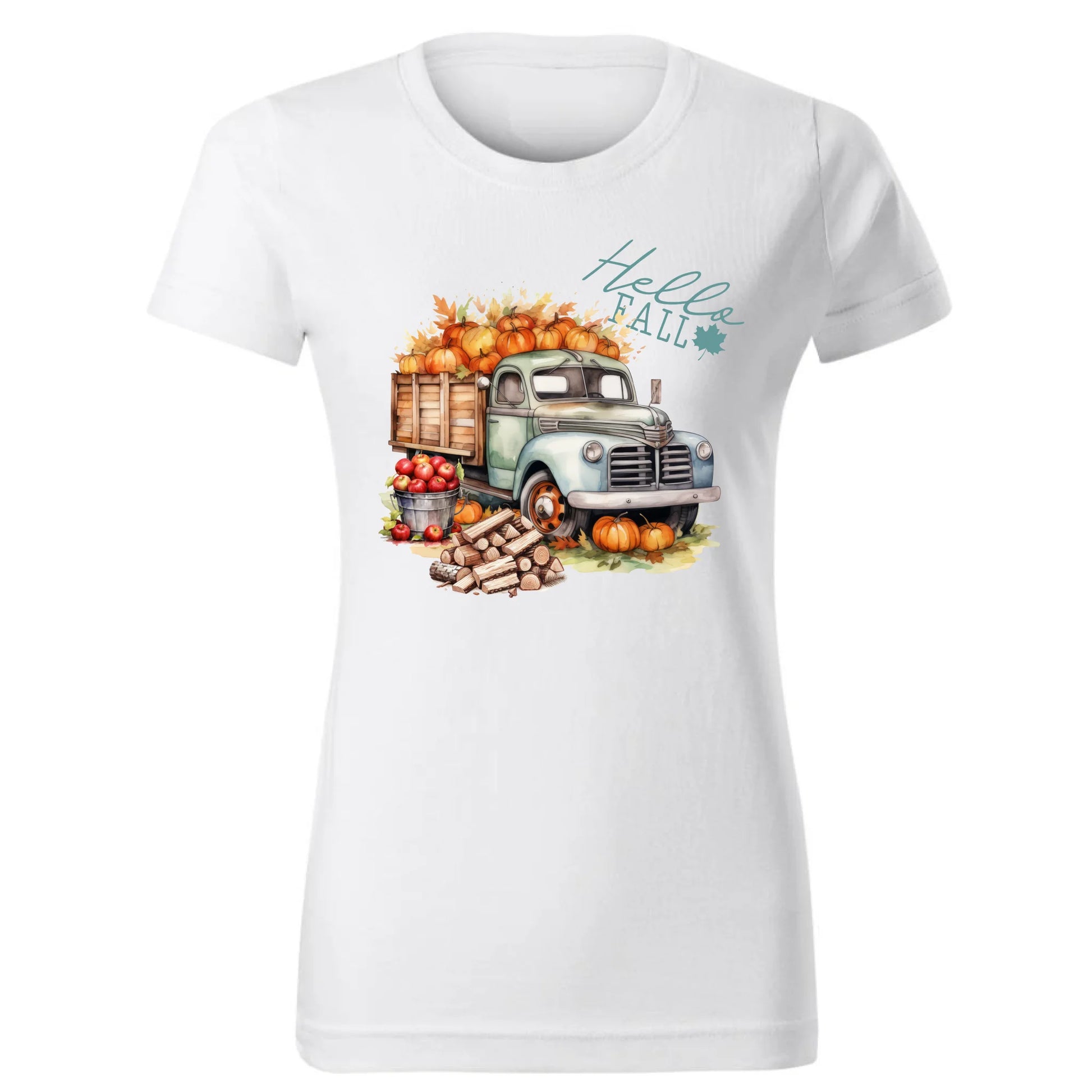 Koszulka damska jesieniara – Hello Fall ciężarówka z dyniami JS08 - StoryCups.pl