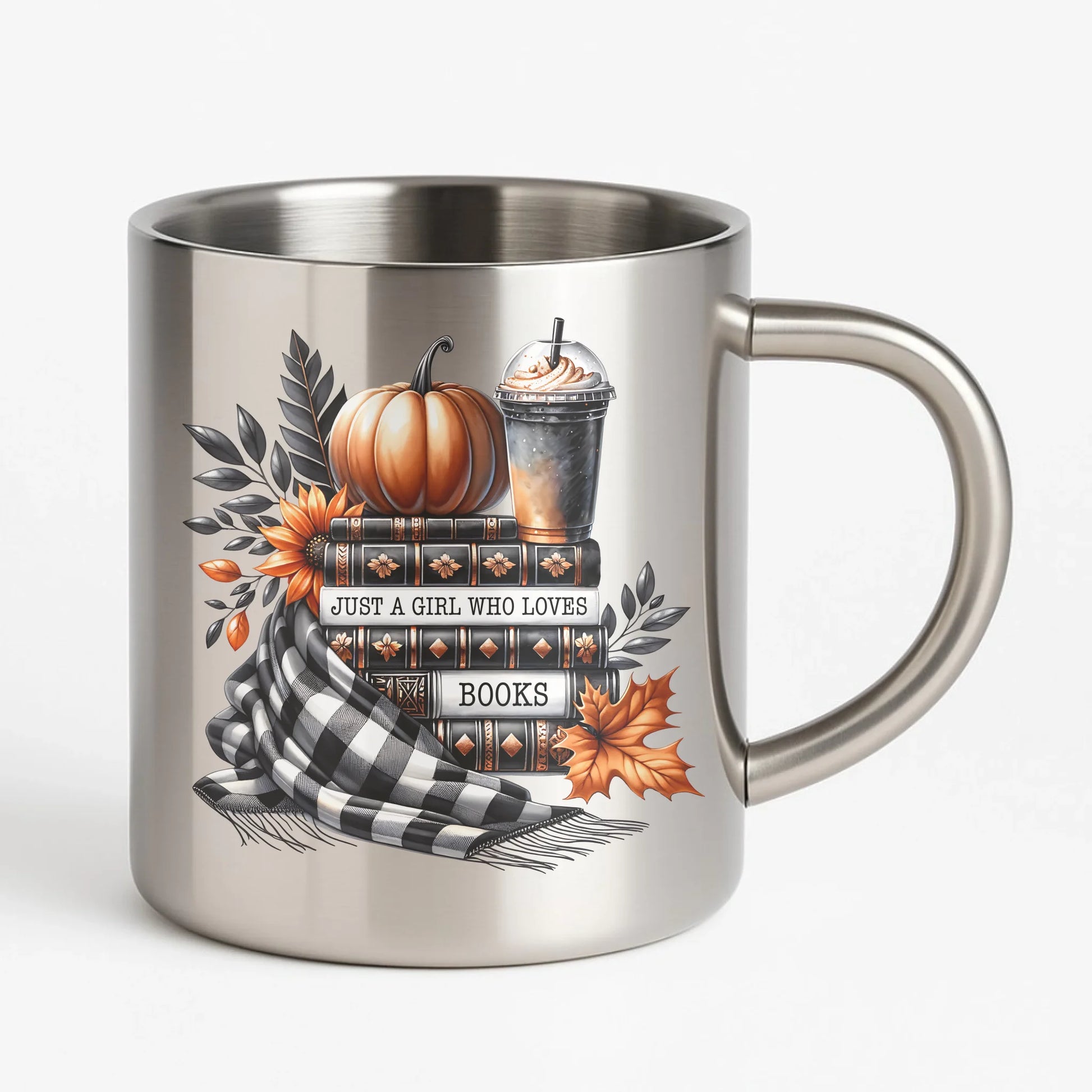 Kubek metalowy jesieniara - Książkara - prezent dla miłośniczki czytania książek JS13 - StoryCups.pl