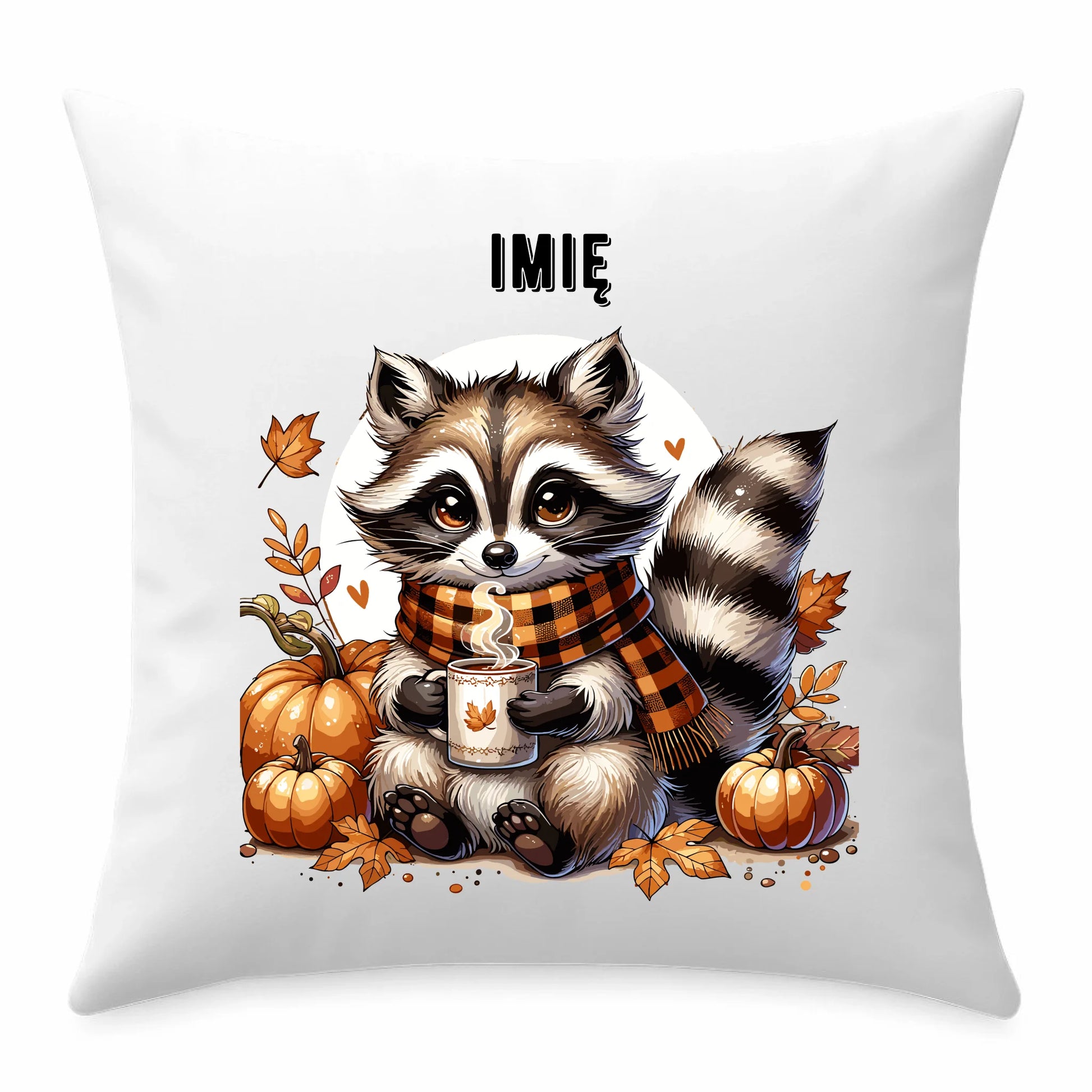 Poduszka jesienna – Szop z kawą i dyniami - personalizowana JS16 - StoryCups.pl