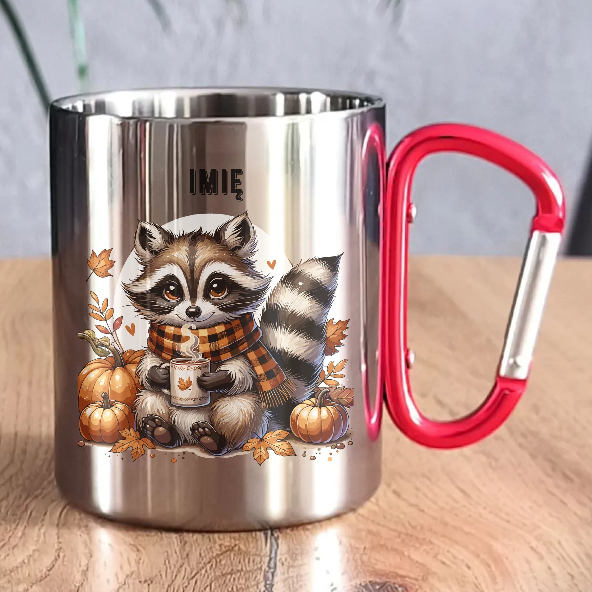 Kubek metalowy jesienny – Szop z kawą i dyniami - personalizowany JS16 - StoryCups.pl