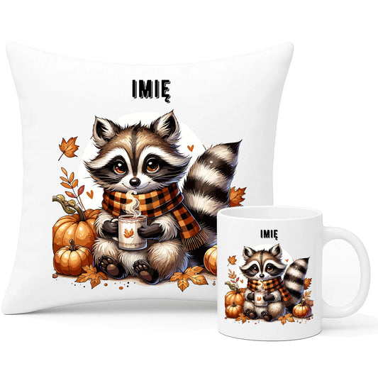 Zestaw poduszka i kubek jesienny – Szop z kawą i dyniami - personalizowany JS16 - StoryCups.pl