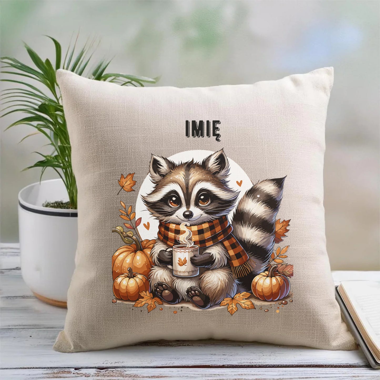 Poduszka jesienna – Szop z kawą i dyniami - personalizowana JS16 - StoryCups.pl