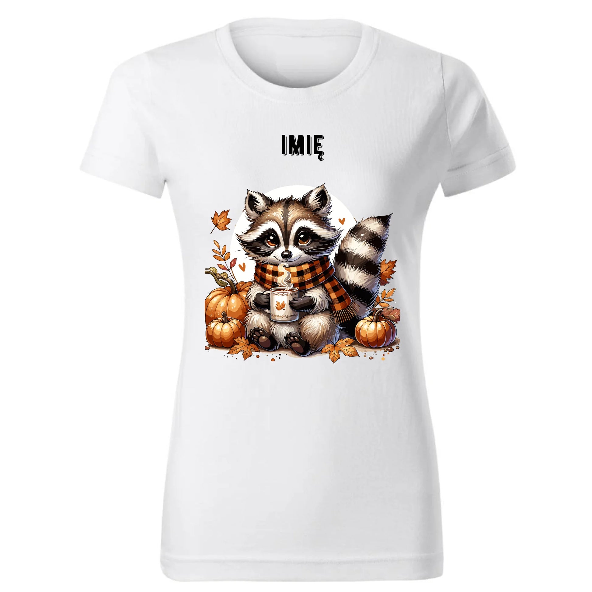 Koszulka damska jesienna – Szop z kawą i dyniami - personalizowana JS16 - StoryCups.pl