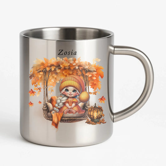 Kubek metalowy jesieniara - Dziewczynka z liśćmi - personalizowany JS17 - StoryCups.pl