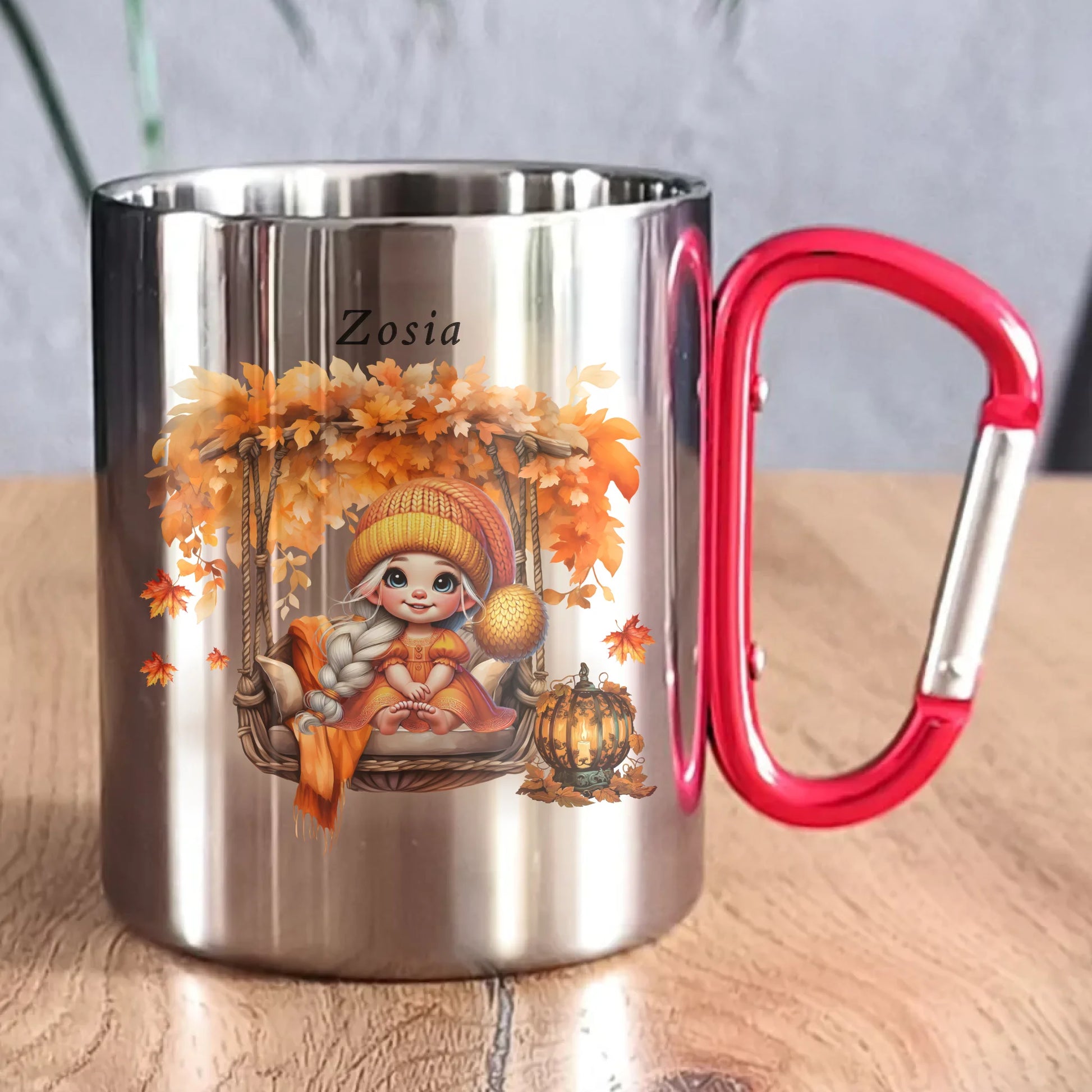 Kubek metalowy jesieniara - Dziewczynka z liśćmi - personalizowany JS17 - StoryCups.pl