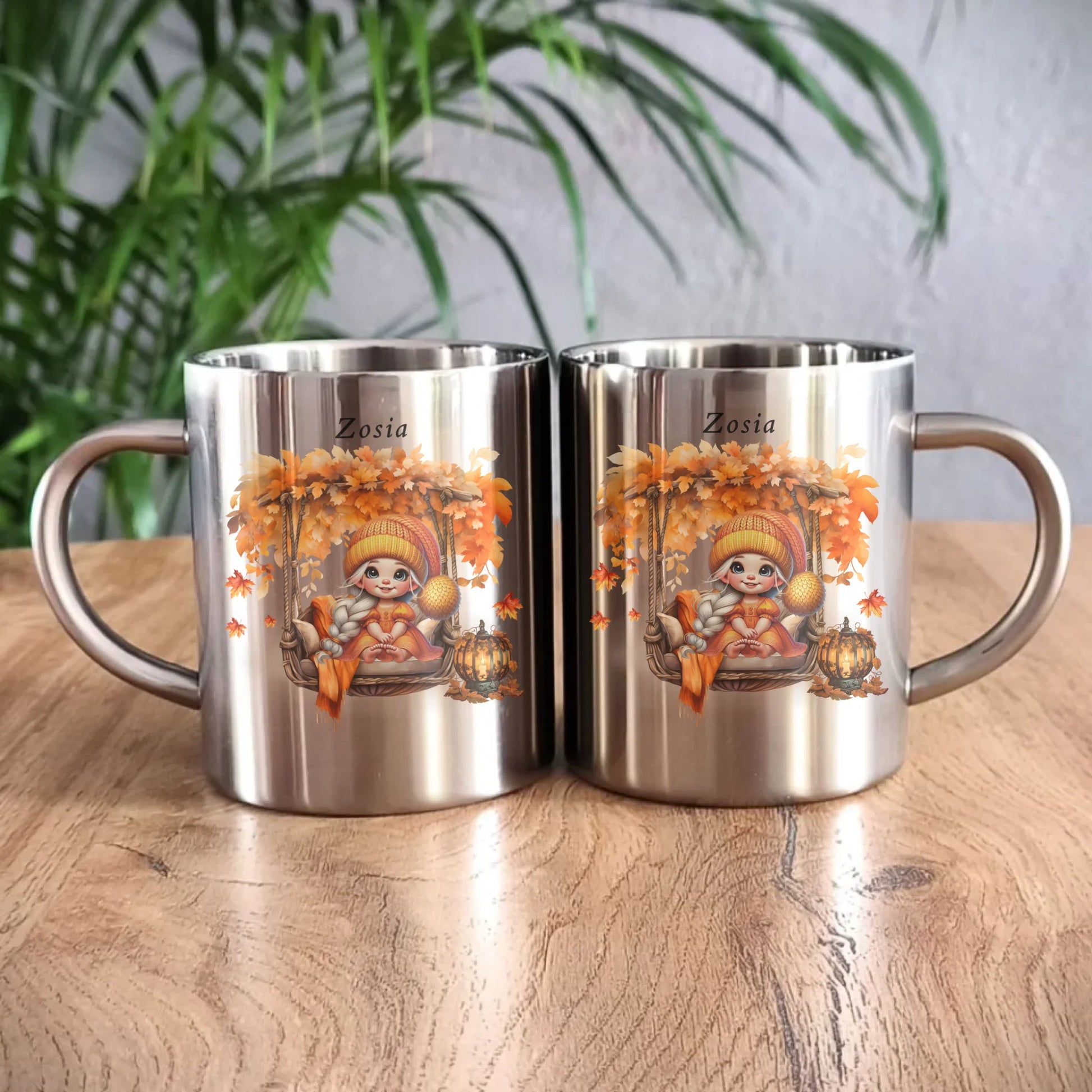 Kubek metalowy jesieniara - Dziewczynka z liśćmi - personalizowany JS17 - StoryCups.pl