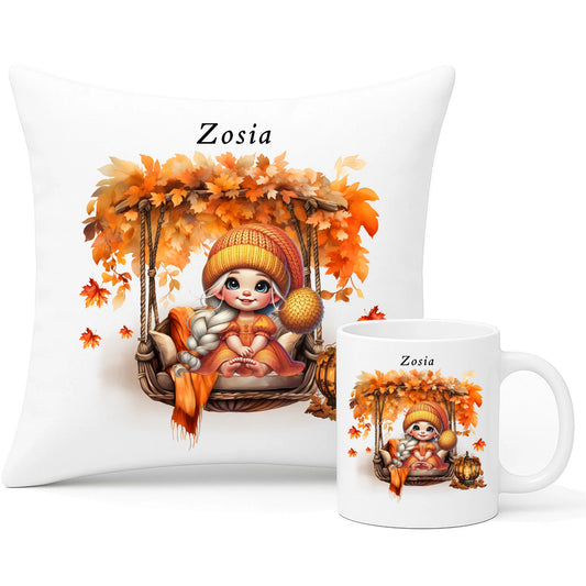 Zestaw poduszka i kubek jesieniara - Dziewczynka z liśćmi - personalizowany JS17 - StoryCups.pl