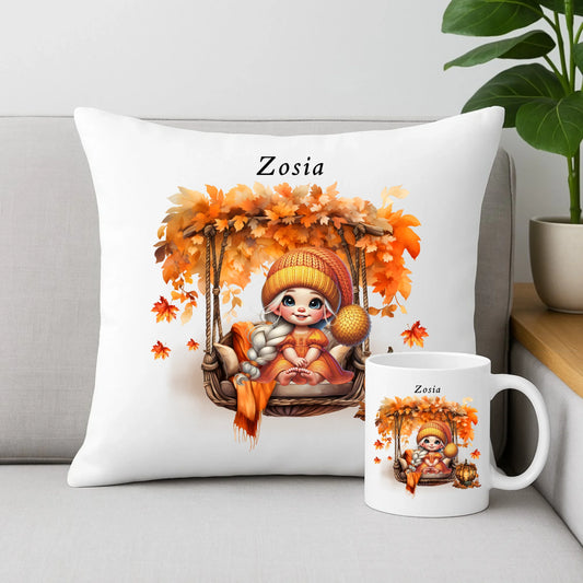 Zestaw poduszka i kubek jesieniara - Dziewczynka z liśćmi - personalizowany JS17 - StoryCups.pl