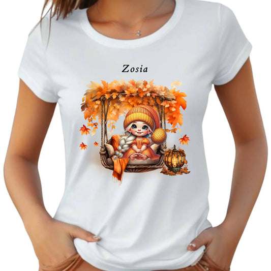Koszulka damska jesieniara - Dziewczynka z liśćmi - personalizowana JS17 - StoryCups.pl