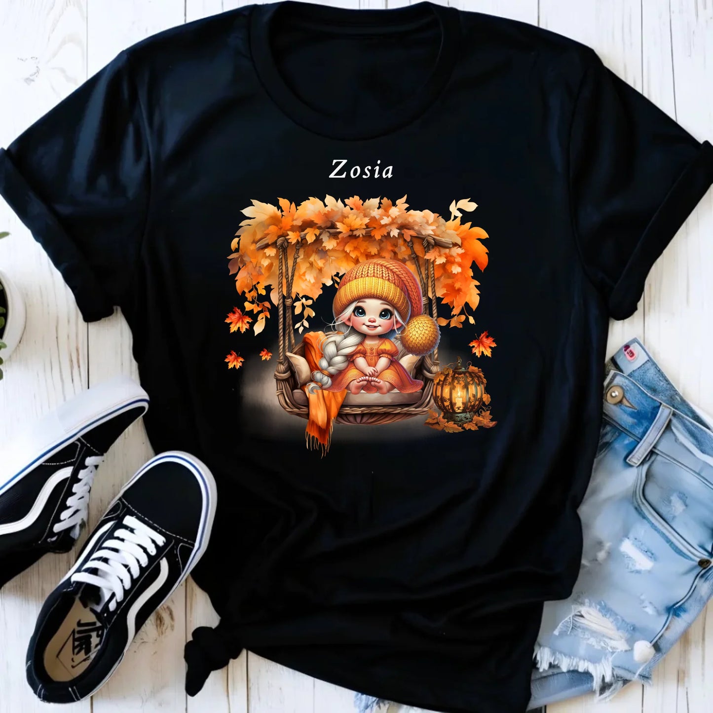 Koszulka damska jesieniara - Dziewczynka z liśćmi - personalizowana JS17 - StoryCups.pl