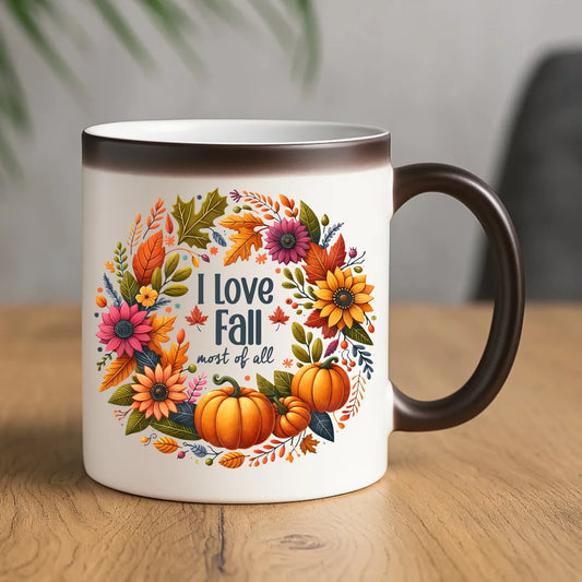 Kubek magiczny jesienny - Kocham jesień - dynia z liśćmi JS03 - StoryCups.pl