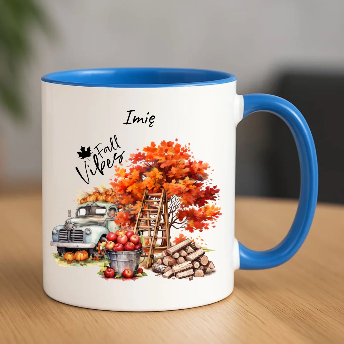 Ceramiczny niebieski kubek z nadrukiem na prezent