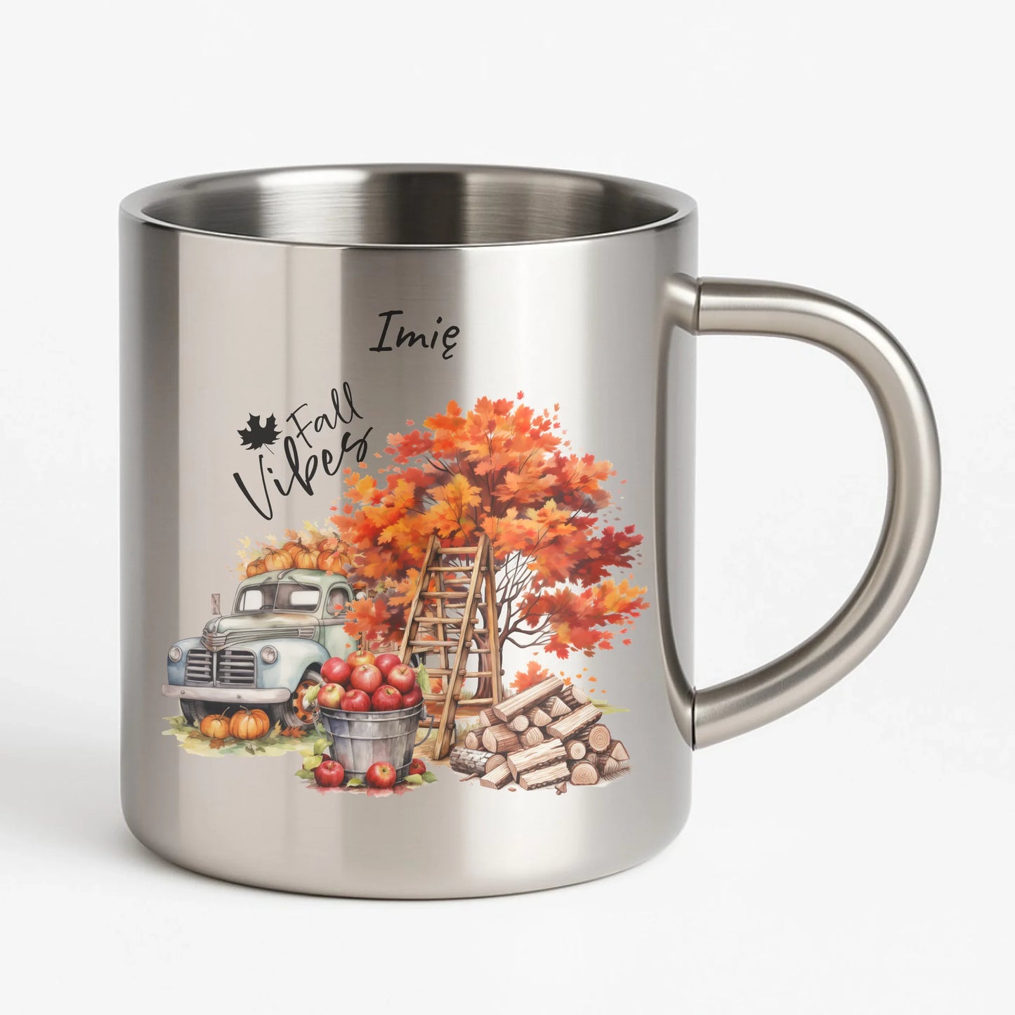 Kubek metalowy jesienny – Vintage auto dynie i jabłka – personalizowany JS07 - StoryCups.pl