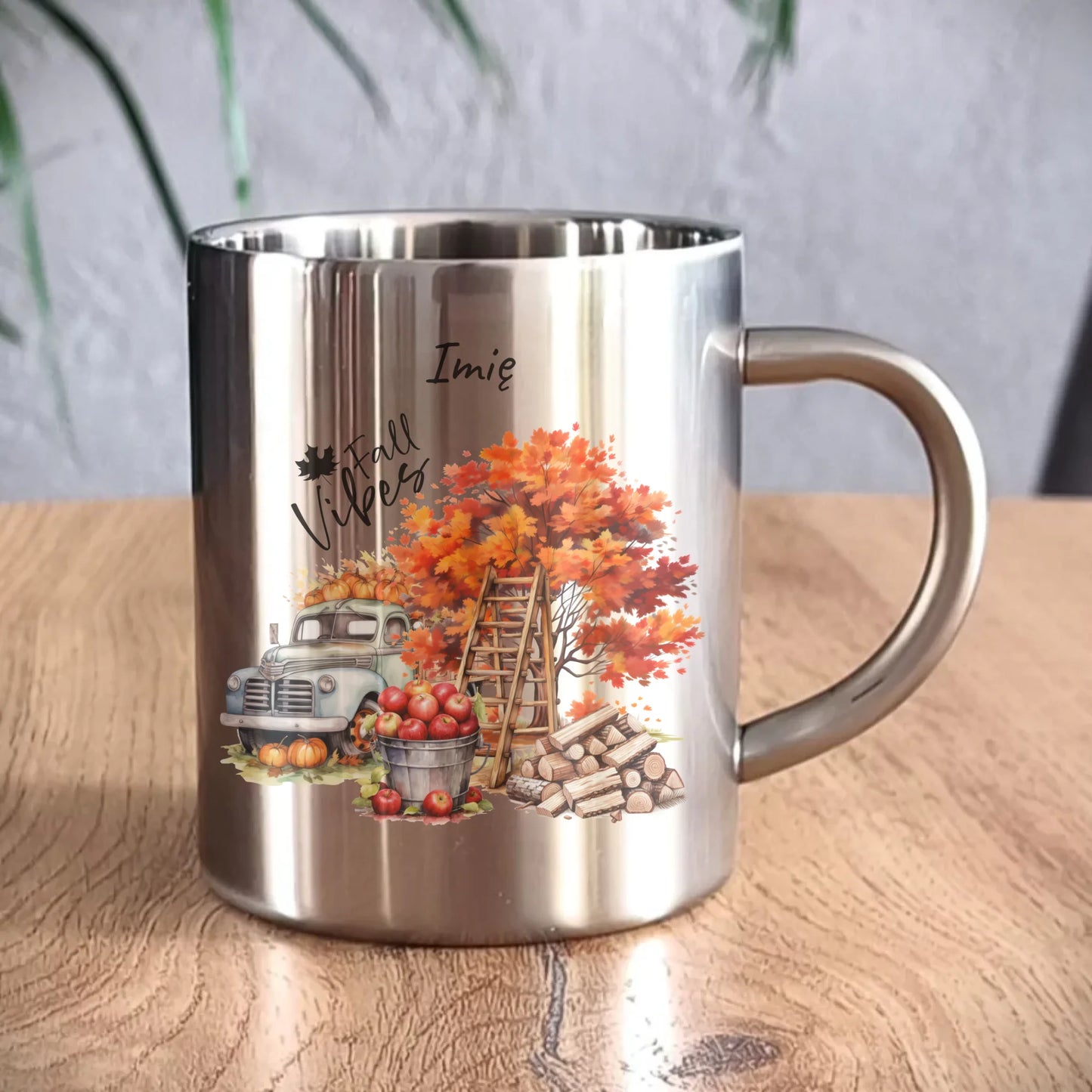 Kubek metalowy jesienny – Vintage auto dynie i jabłka – personalizowany JS07 - StoryCups.pl