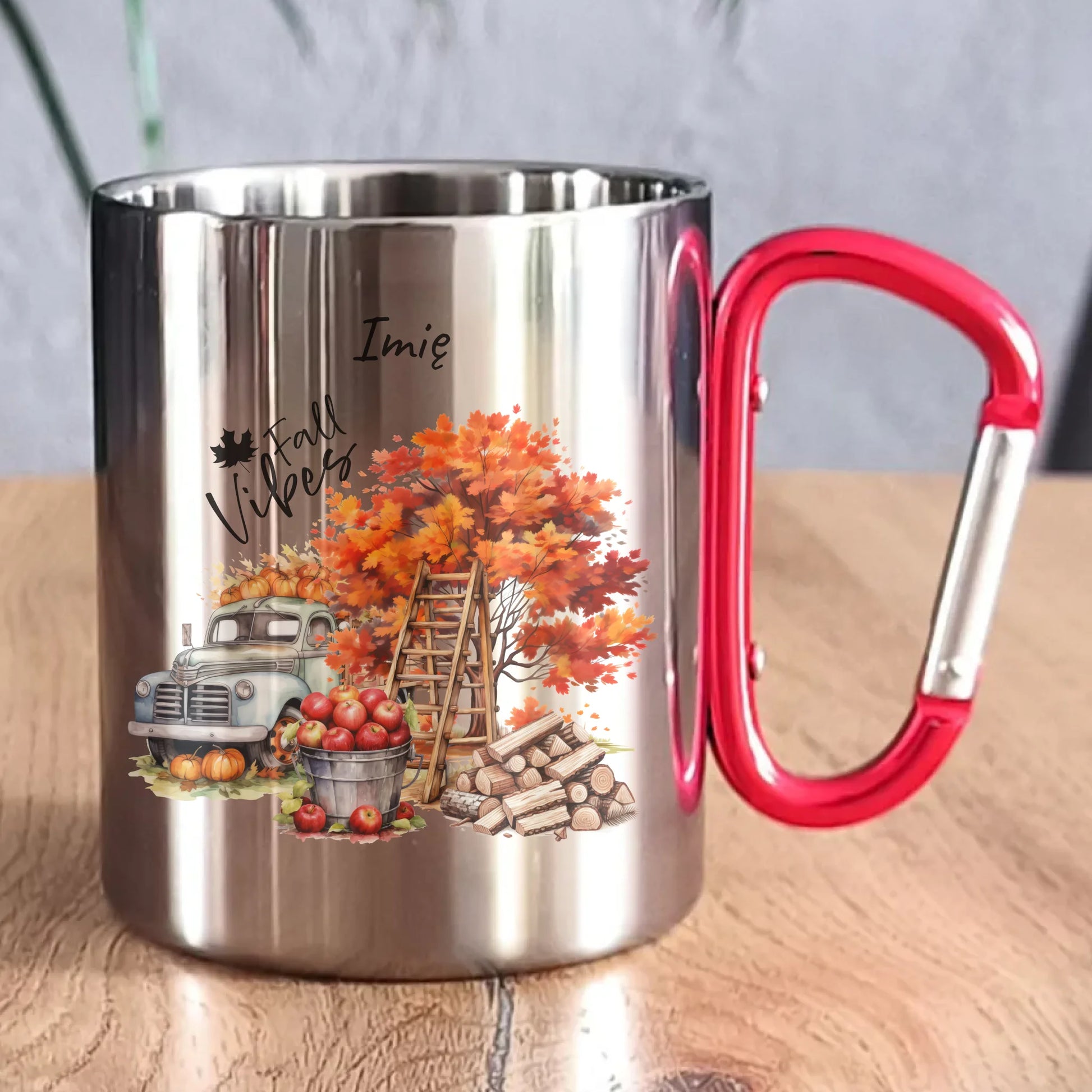 Kubek metalowy jesienny – Vintage auto dynie i jabłka – personalizowany JS07 - StoryCups.pl