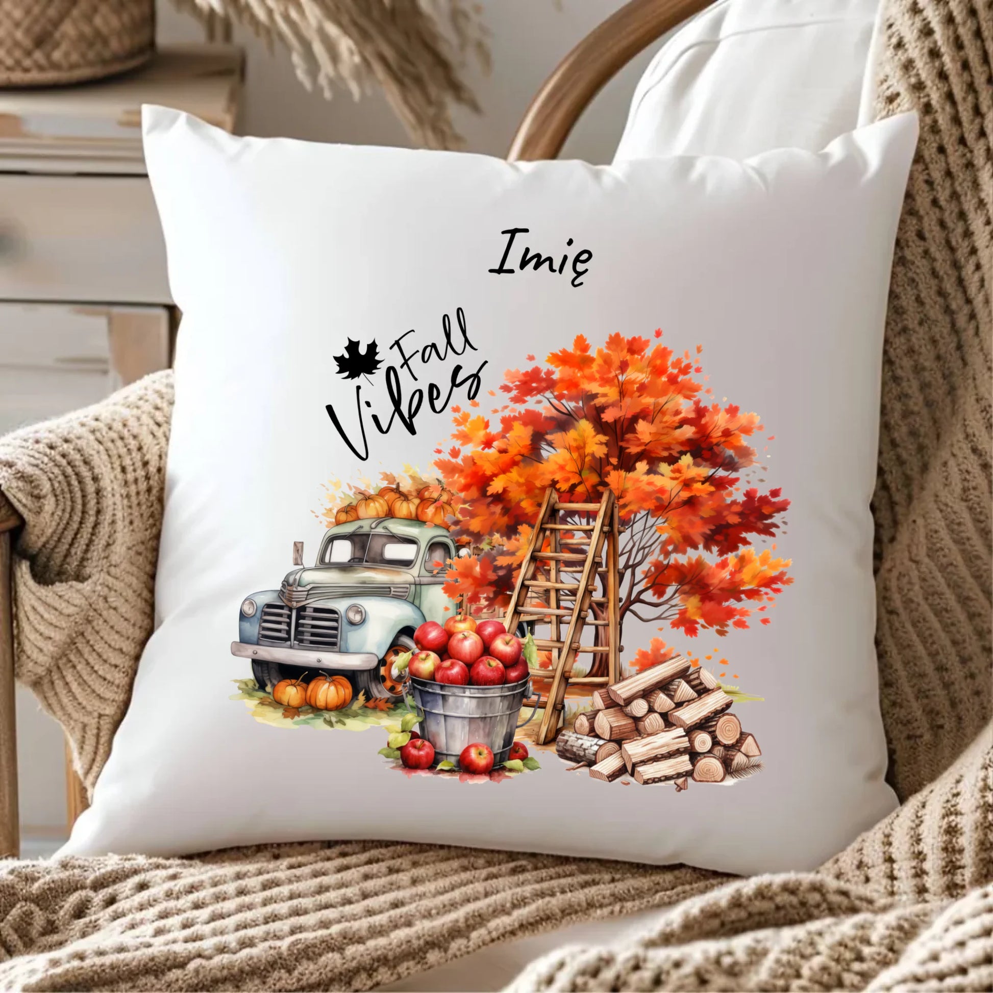 Poduszka jesienna – Vintage auto dynie i jabłka – personalizowana JS07 - StoryCups.pl