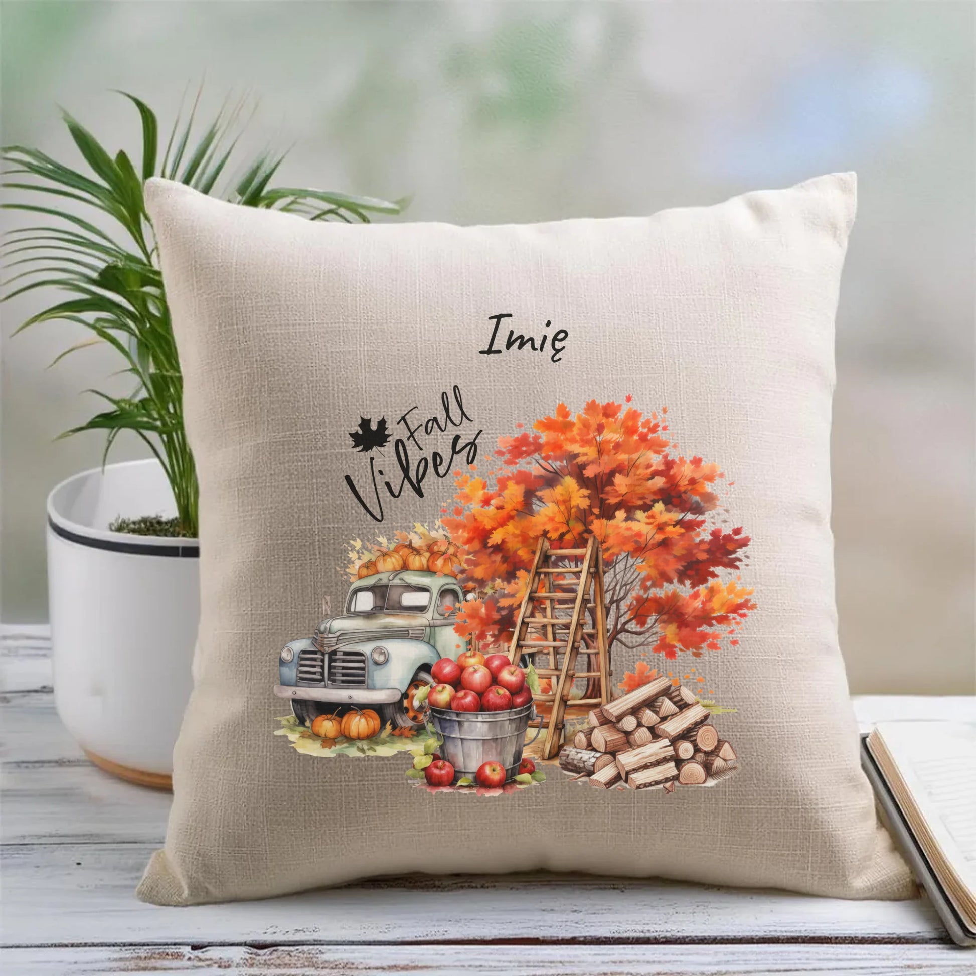 Poduszka jesienna – Vintage auto dynie i jabłka – personalizowana JS07 - StoryCups.pl