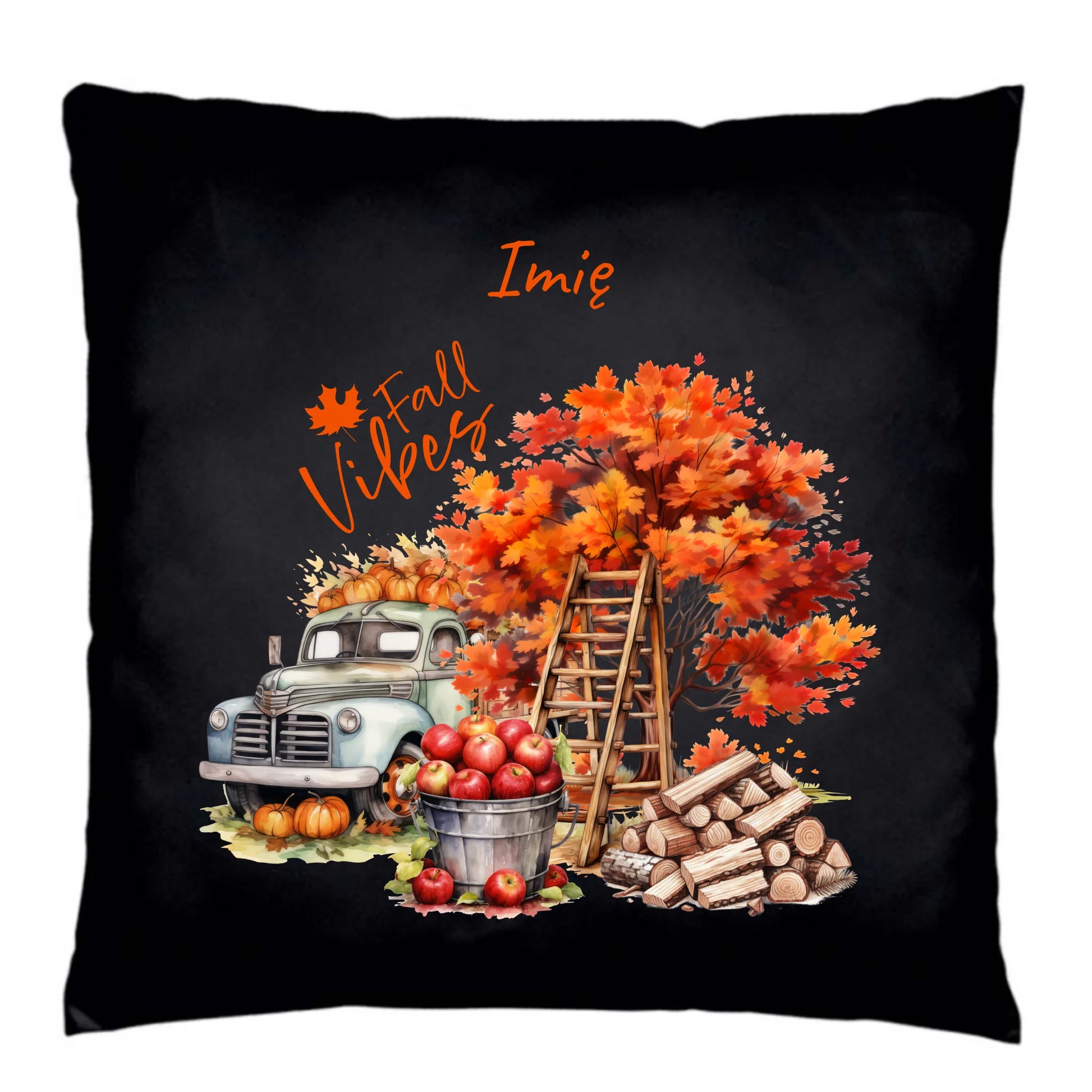 Poduszka dekoracyjna jesienna – Vintage auto dynie i jabłka – personalizowana JS07 - StoryCups.pl
