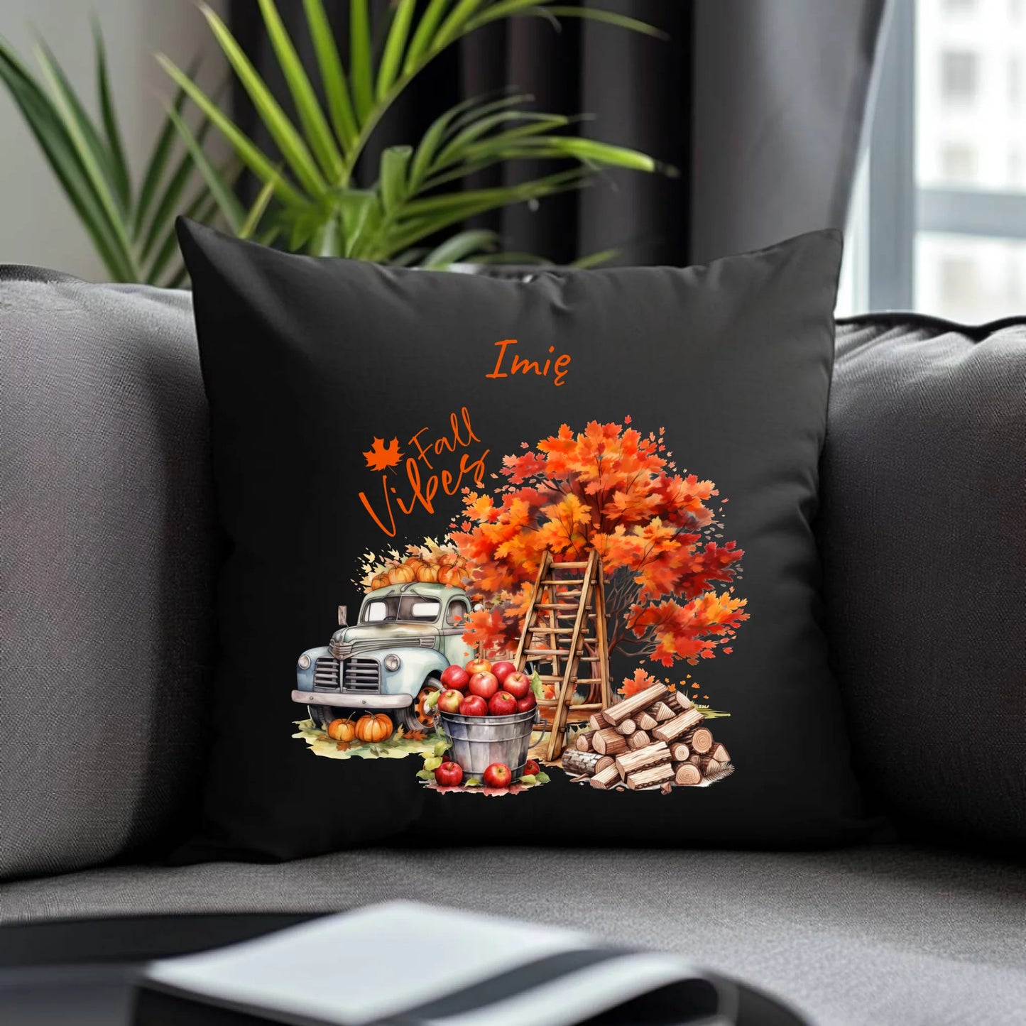 Poduszka dekoracyjna jesienna – Vintage auto dynie i jabłka – personalizowana JS07 - StoryCups.pl