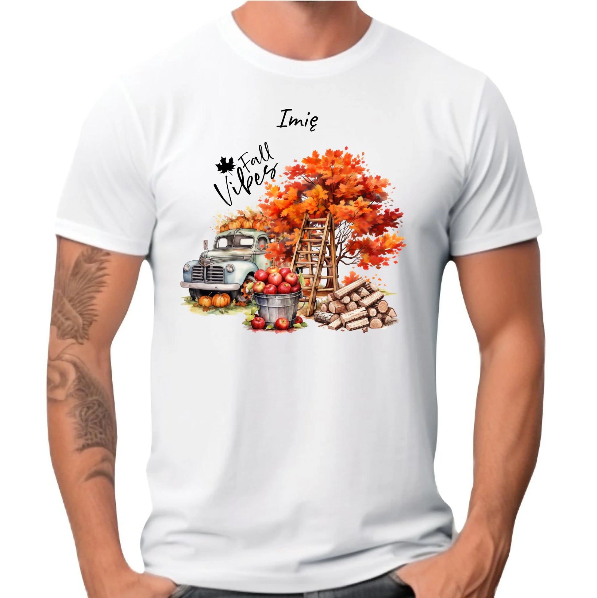 Koszulka męska jesienna – Vintage auto dynie i jabłka – personalizowana JS07 - StoryCups.pl