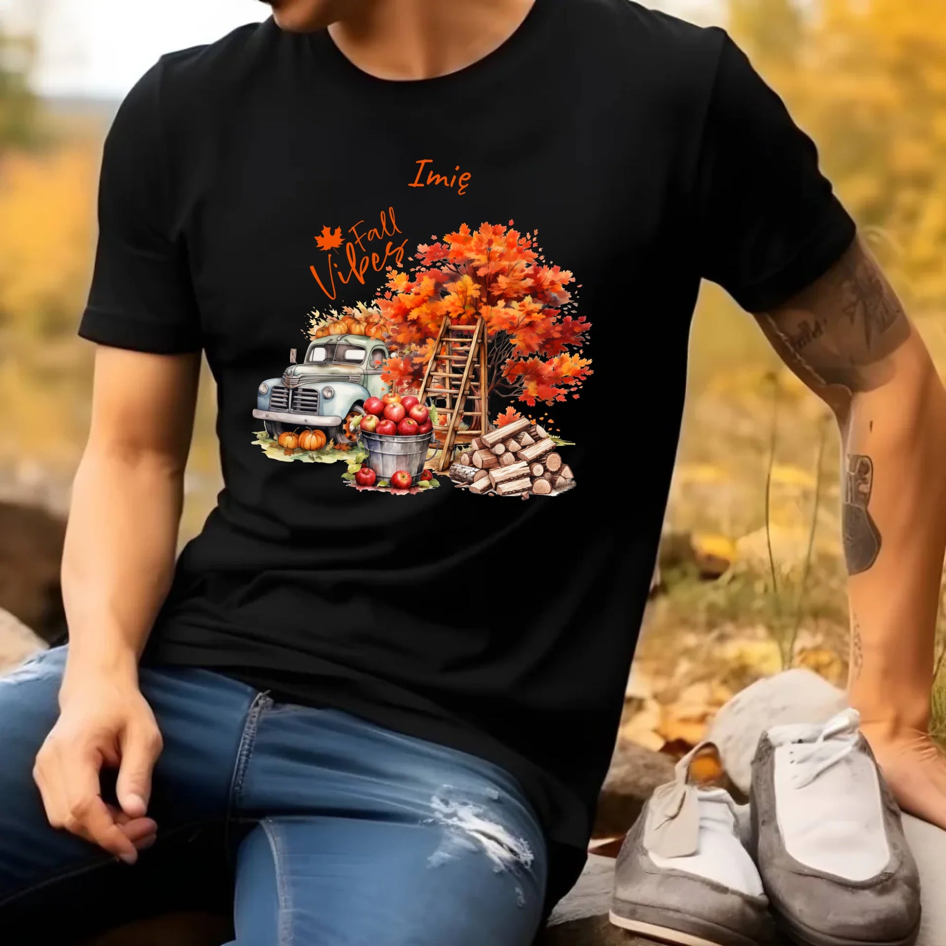 Koszulka męska jesienna – Vintage auto dynie i jabłka – personalizowana JS07 - StoryCups.pl