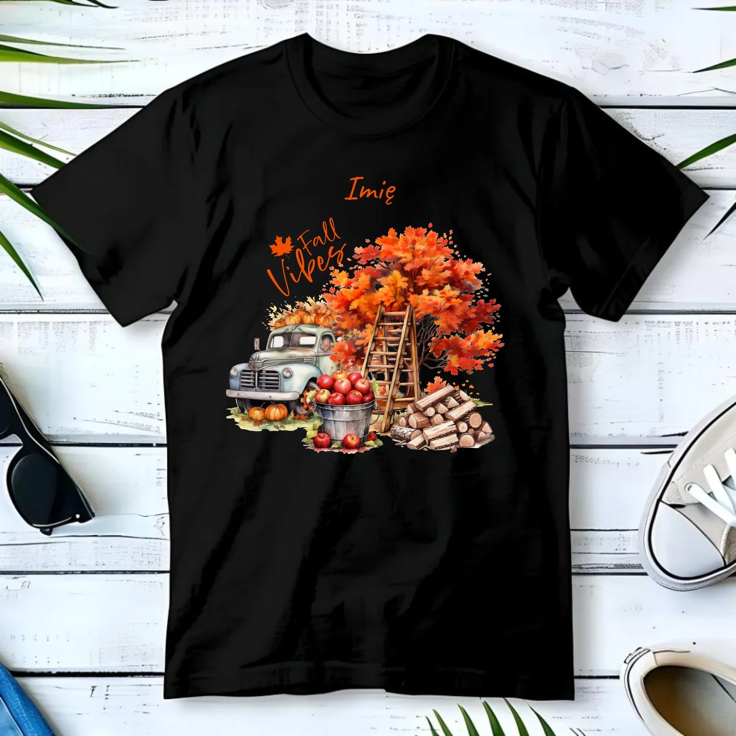 Koszulka męska jesienna – Vintage auto dynie i jabłka – personalizowana JS07 - StoryCups.pl