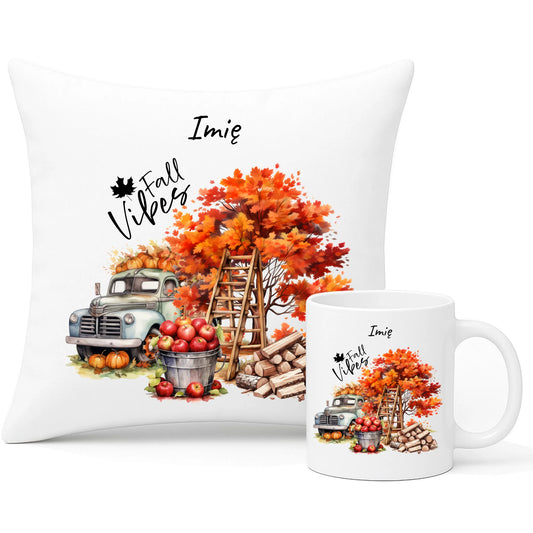 Zestaw poduszka i kubek jesienny – Vintage auto dynie i jabłka – personalizowany JS07 - StoryCups.pl