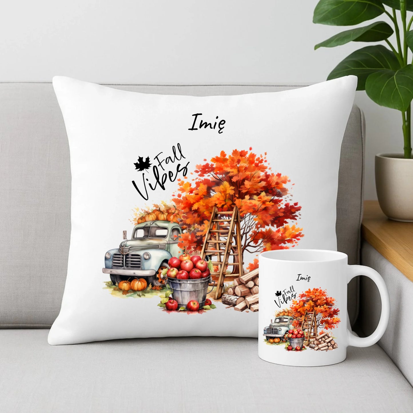 Zestaw poduszka i kubek jesienny – Vintage auto dynie i jabłka – personalizowany JS07 - StoryCups.pl