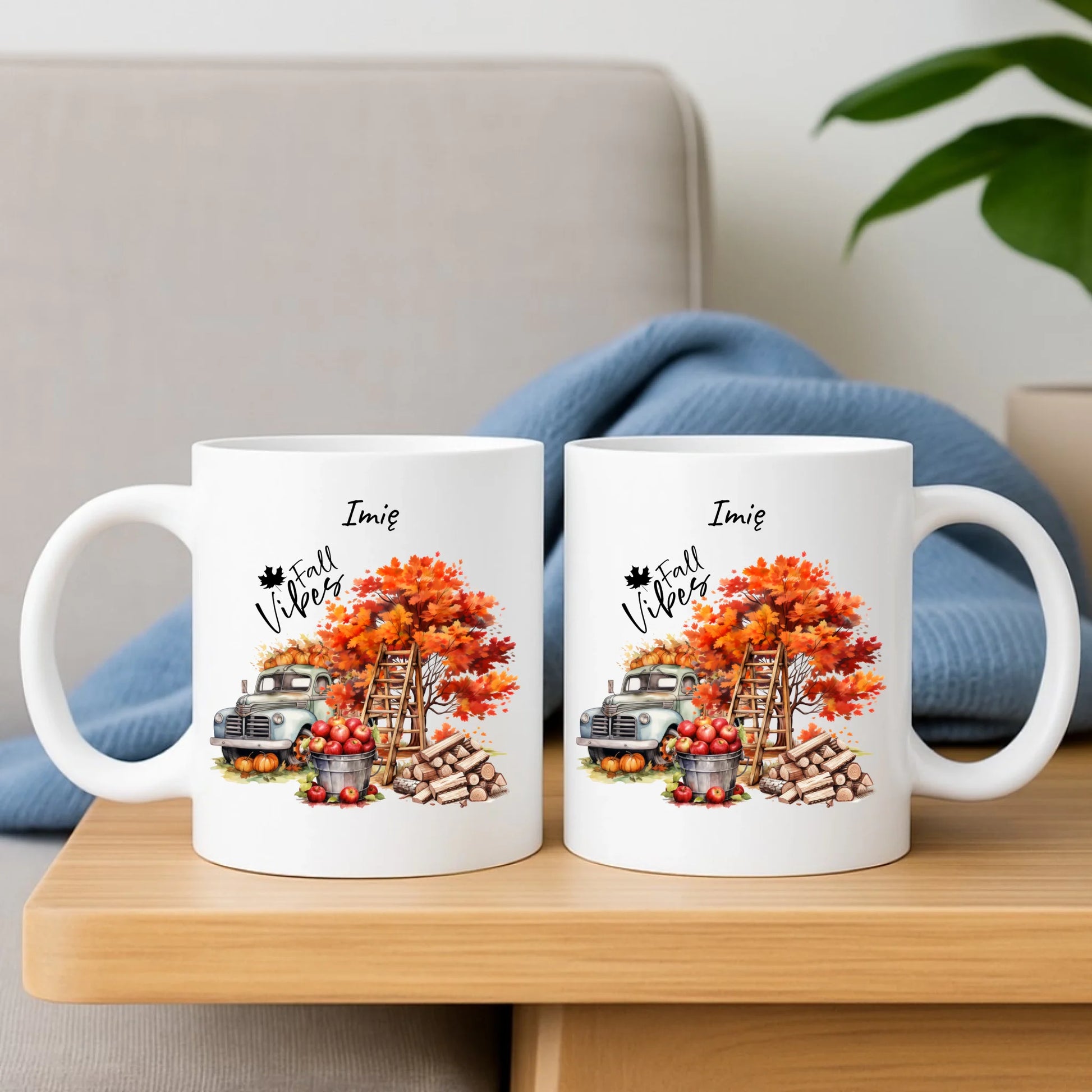 Zestaw poduszka i kubek jesienny – Vintage auto dynie i jabłka – personalizowany JS07 - StoryCups.pl