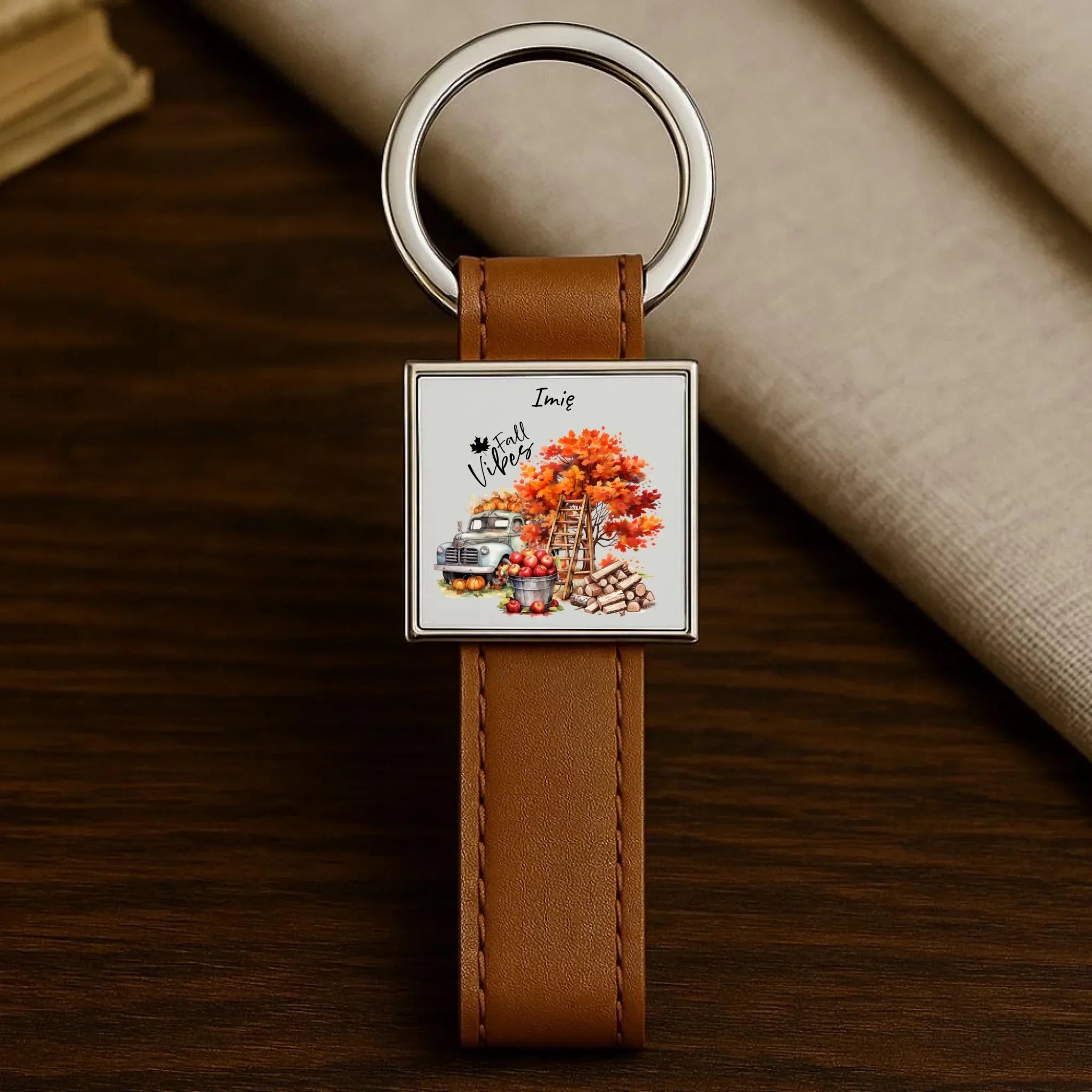 Brelok jesienny – Vintage auto dynie i jabłka – personalizowany JS07 - StoryCups.pl