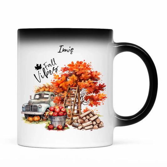 Kubek magiczny jesienny – Vintage auto dynie i jabłka – personalizowany JS07 - StoryCups.pl