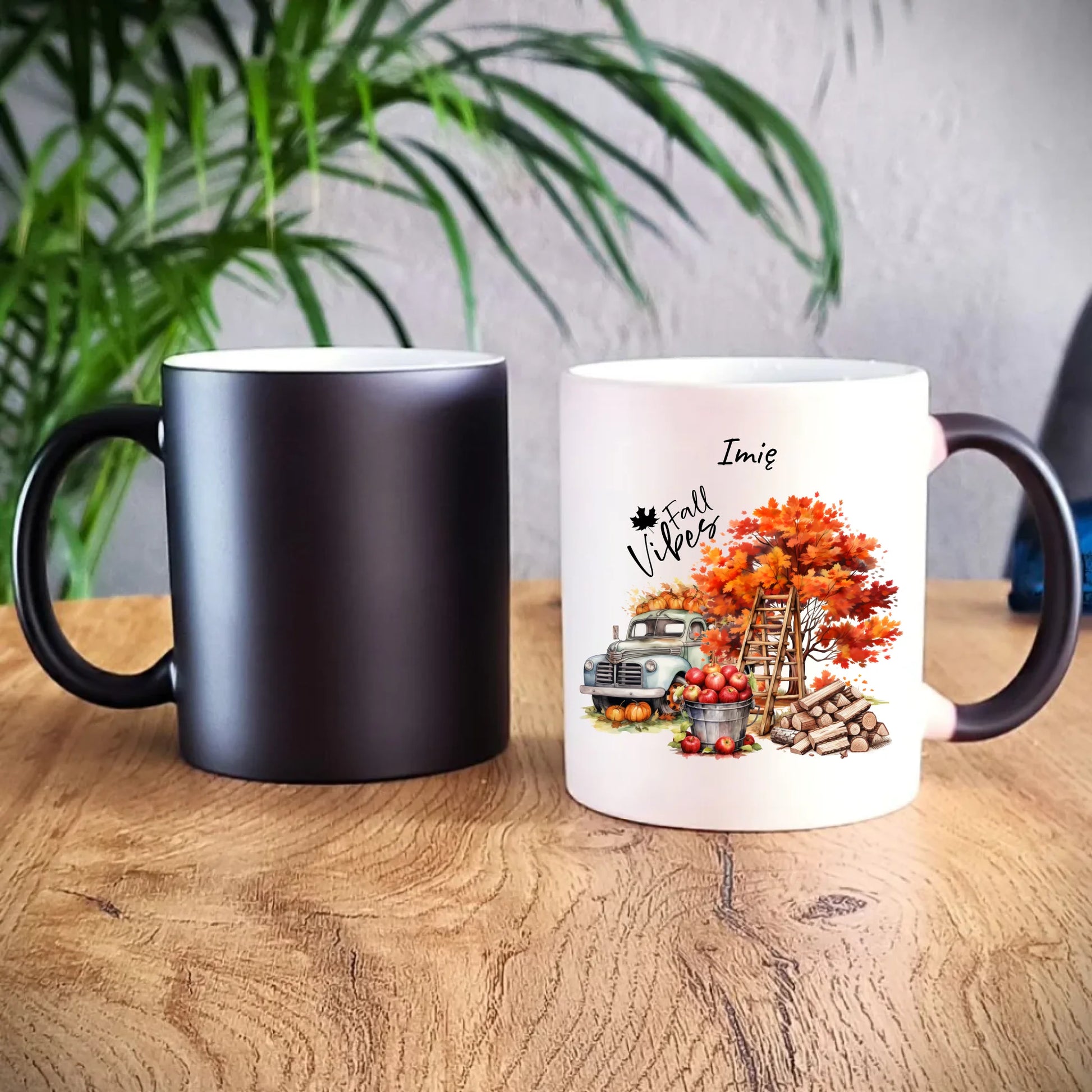 Kubek magiczny jesienny – Vintage auto dynie i jabłka – personalizowany JS07 - StoryCups.pl