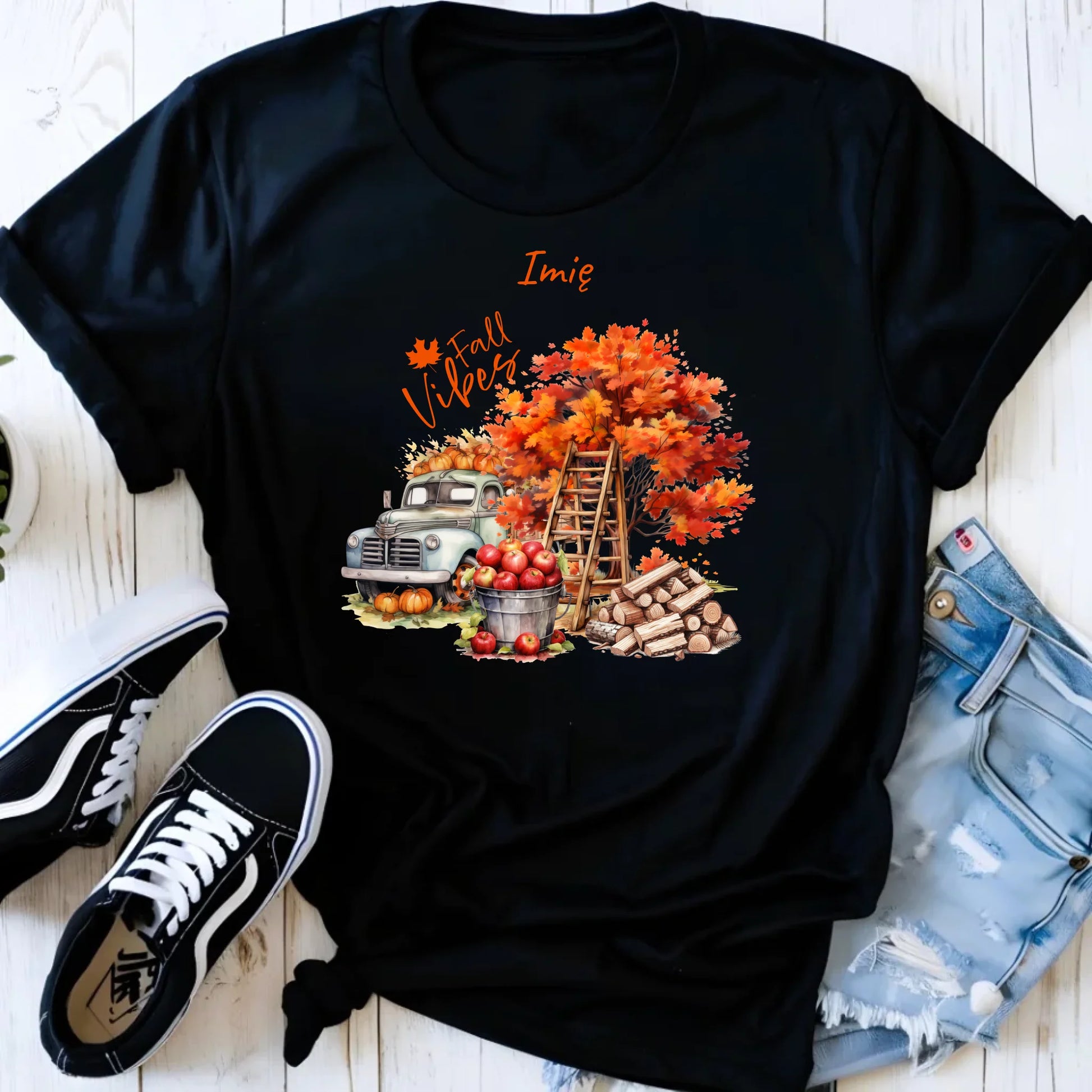 Koszulka damska jesienna – Vintage auto dynie i jabłka – personalizowana JS07 - StoryCups.pl